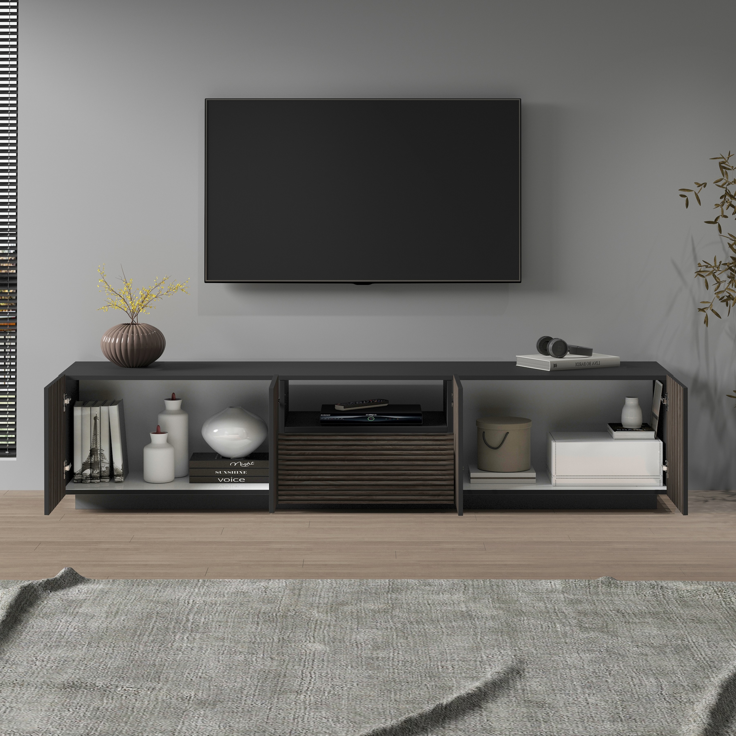 INOSIGN Lowboard »Vega,Lowboard,TV Board,TV Schrank,220 cm«, mit 4 Türen und 1 Schublade,Fronten mit Rillen-Optik