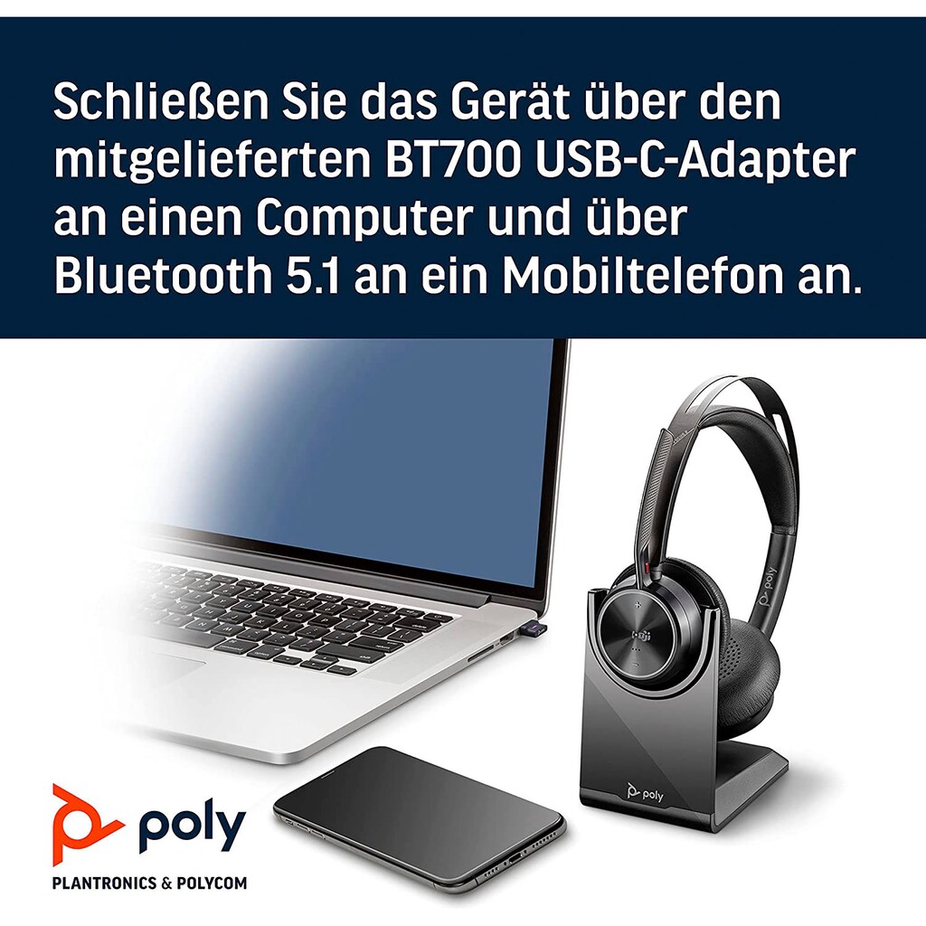 Poly Wireless-Headset »Voyager Focus 2 UC«, A2DP Bluetooth (Advanced Audio Distribution Profile)-AVRCP Bluetooth (Audio Video Remote Control Profile)-HFP-HSP, Active Noise Cancelling (ANC)-integrierte Steuerung für Anrufe und Musik