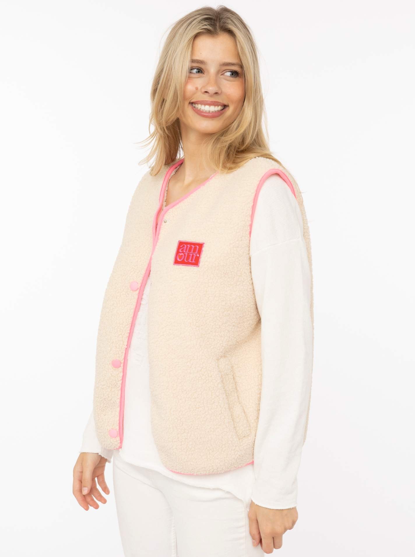 Zwillingsherz Plüschweste »"Patch"« ärmellos, pink eingefasste Kanten, Druckknöpfe, Patch