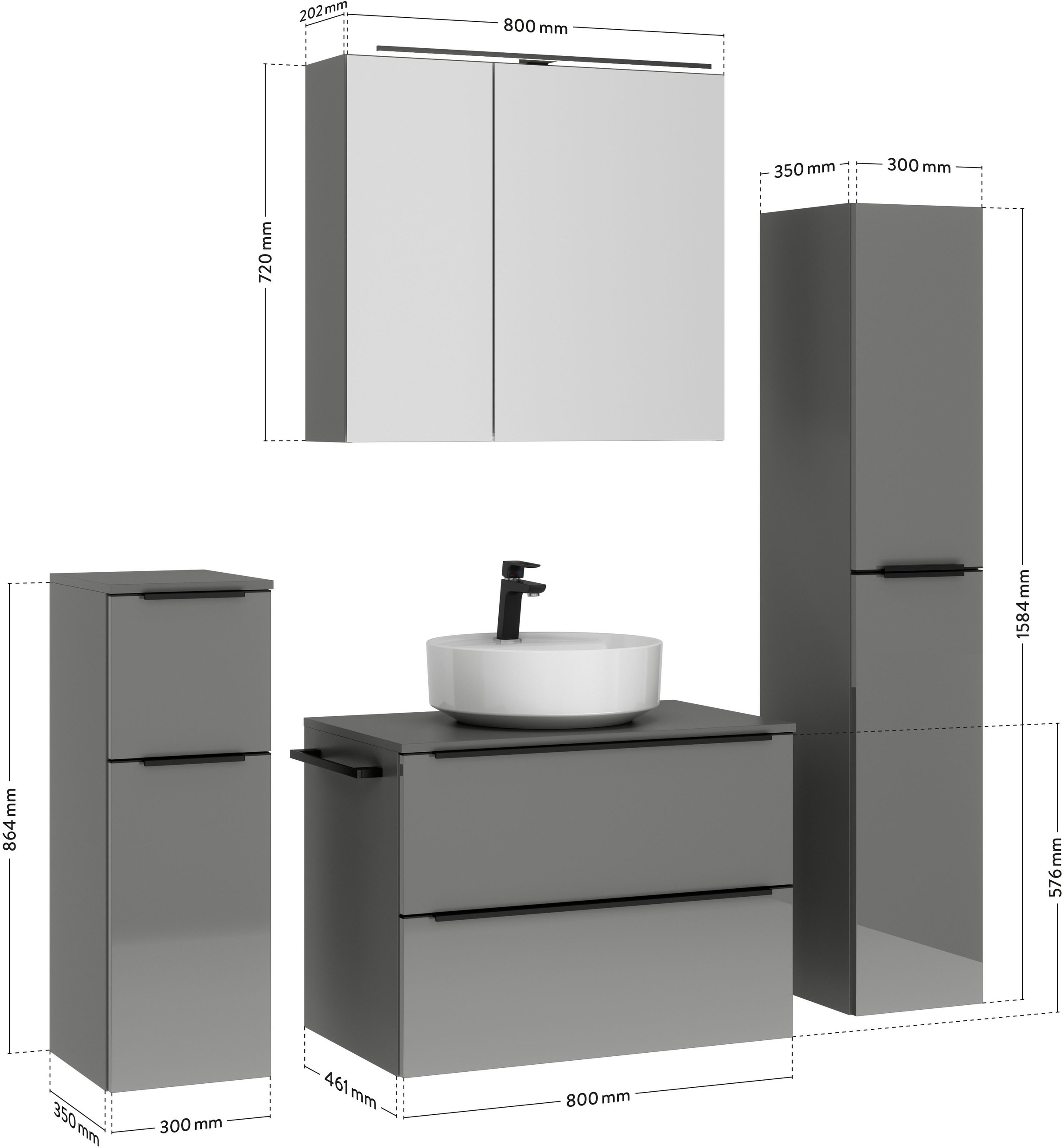 nobilia® Badmöbel-Set »Alvene«, (4 St., vormontiert, mit Soft-Close), inkl. Spiegelschrank mit Beleuchtung und Dimmerfunktion, in 4 Breiten