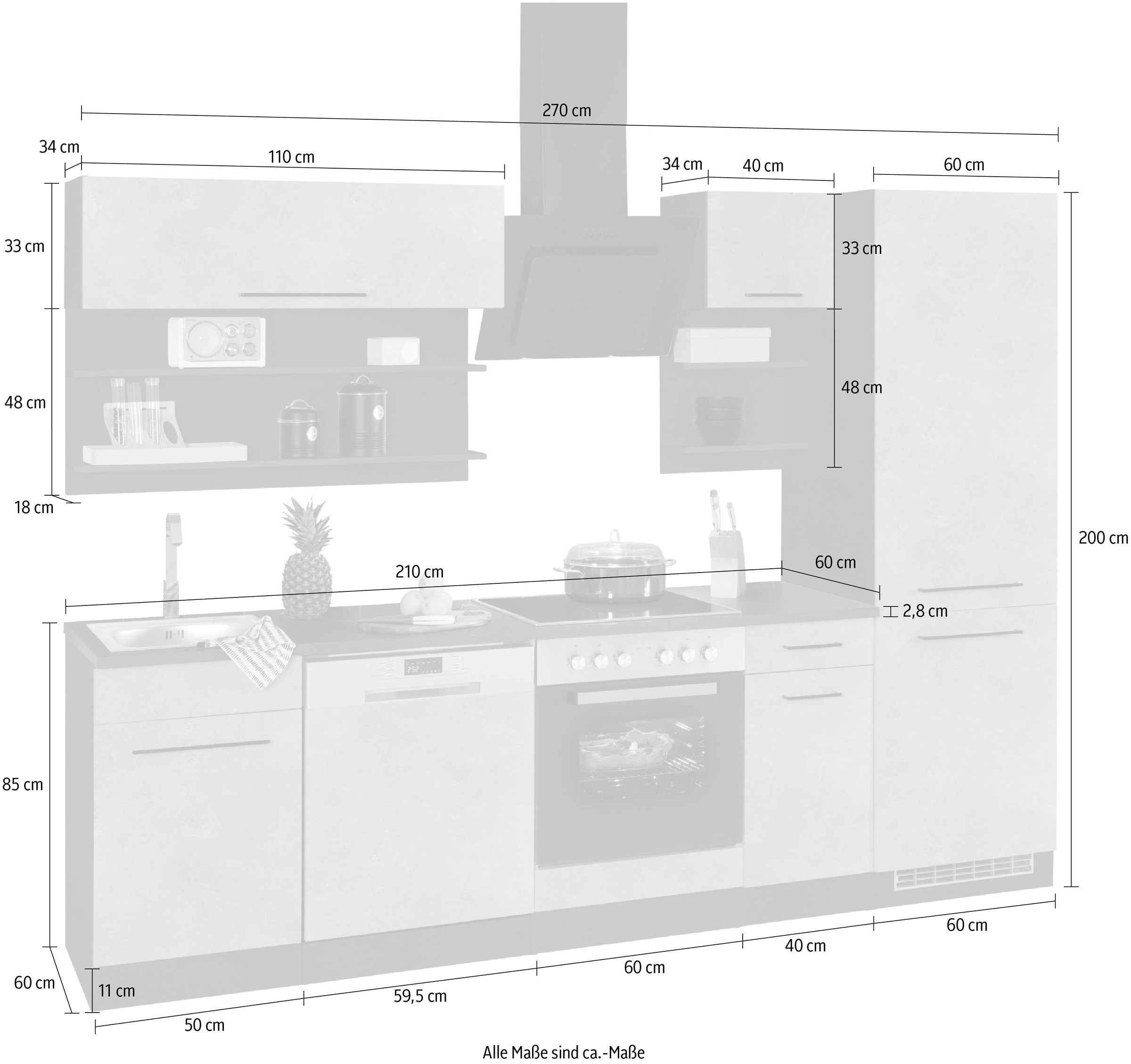 KOCHSTATION Küchenzeile »KS-Tulsa«, ohne E-Geräte, Breite 270 cm, schwarze Metallgriffe, MDF Fronten