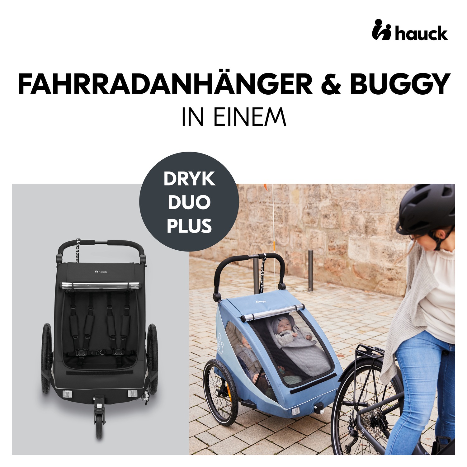 Hauck Fahrradkinderanhänger »2in1 Bike Trailer und Buggy Dryk Duo Plus, black«, für 2 Kinder; inklusive Deichsel