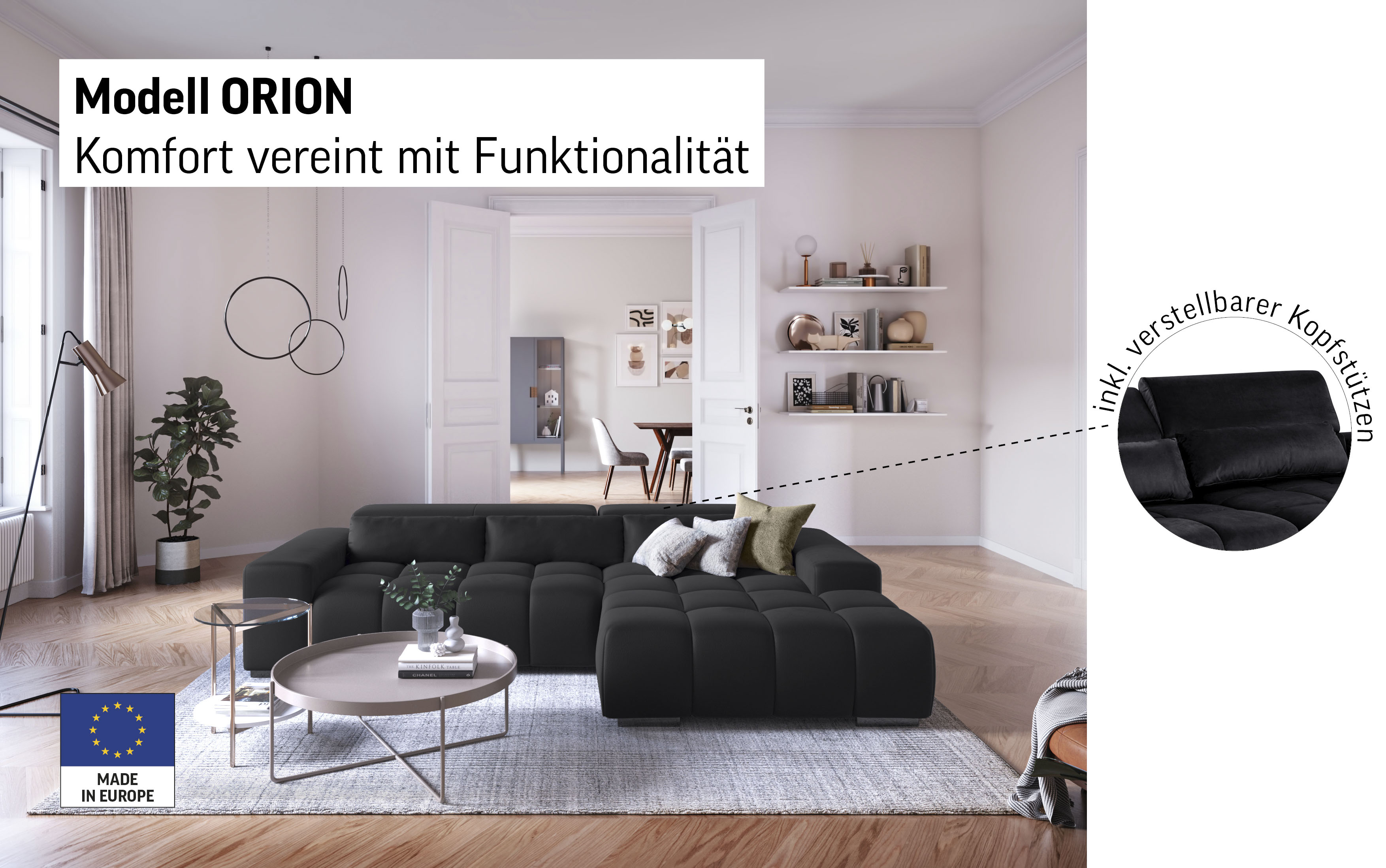 Thumbnail - COTTA Ecksofa "Orion L-Form" mit 2x Kopfteilverstellung & 3 Nierenkissen