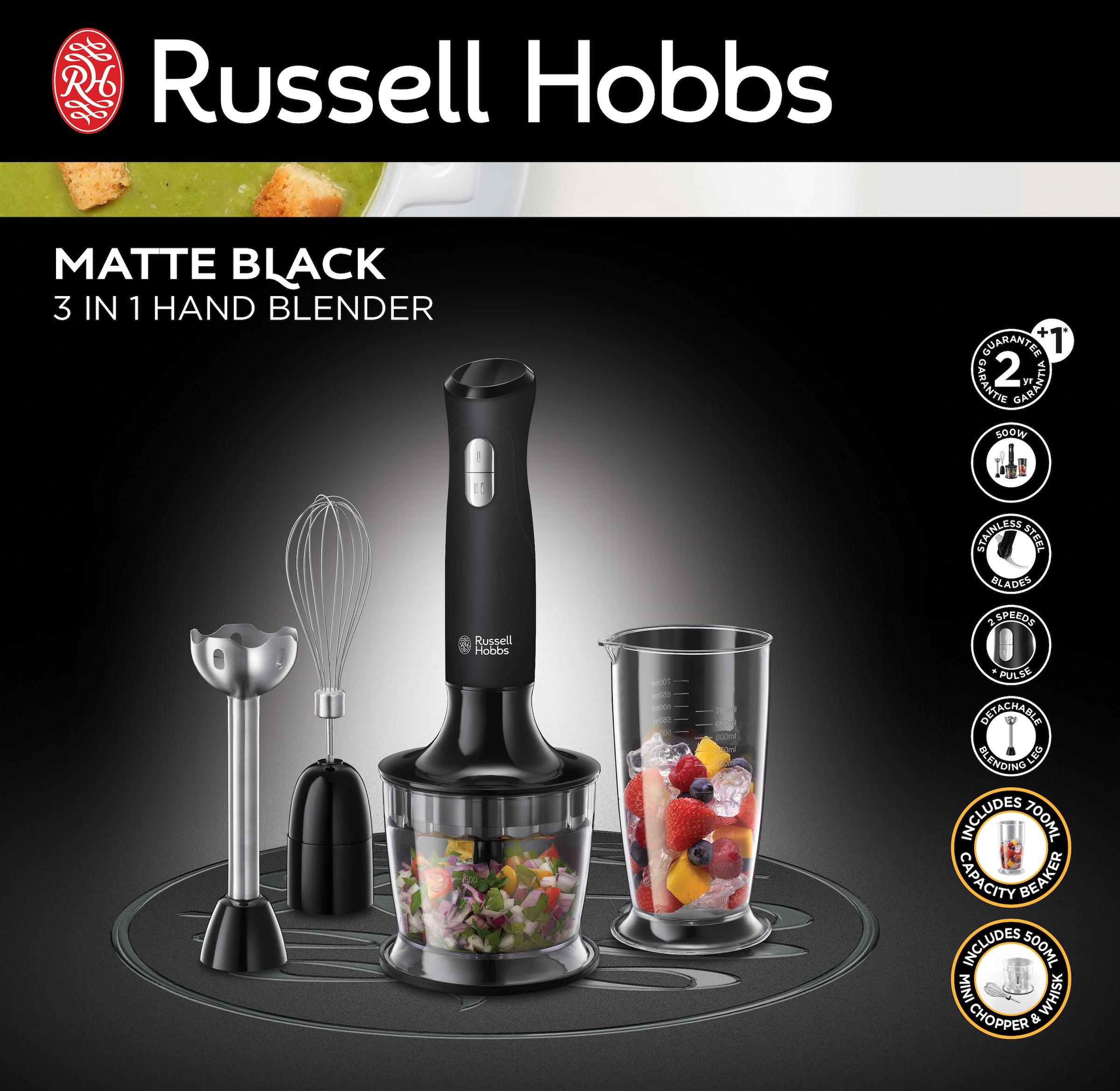 RUSSELL HOBBS Stabmixer »3-in-1, Matte Black 24702-56«, 500 W, Mixen, Pürieren, Zerkleinern und Verquirlen