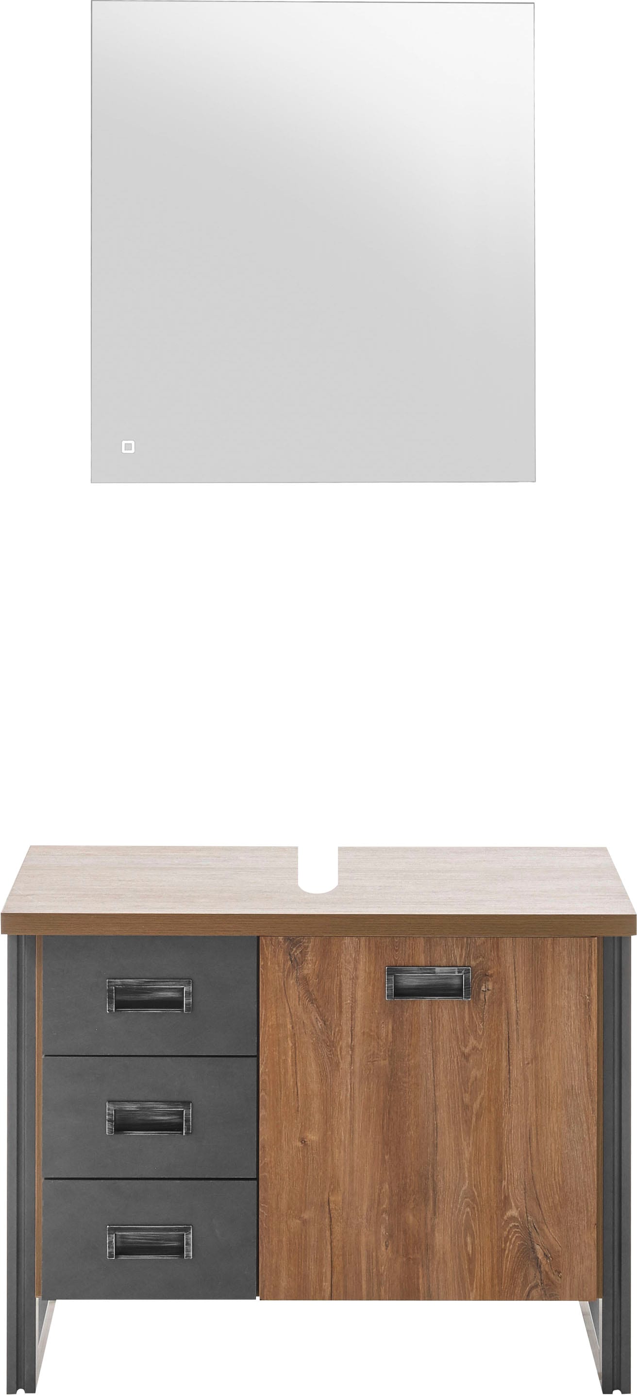 Home affaire Badmöbel-Set »Detroit, Bad im Industrialdesign, inkl. LED, 2-teiliges Badezimmer«, (2 St.), Waschbeckenunterschrank und Spiegel, holzfarben, mit Stauraum