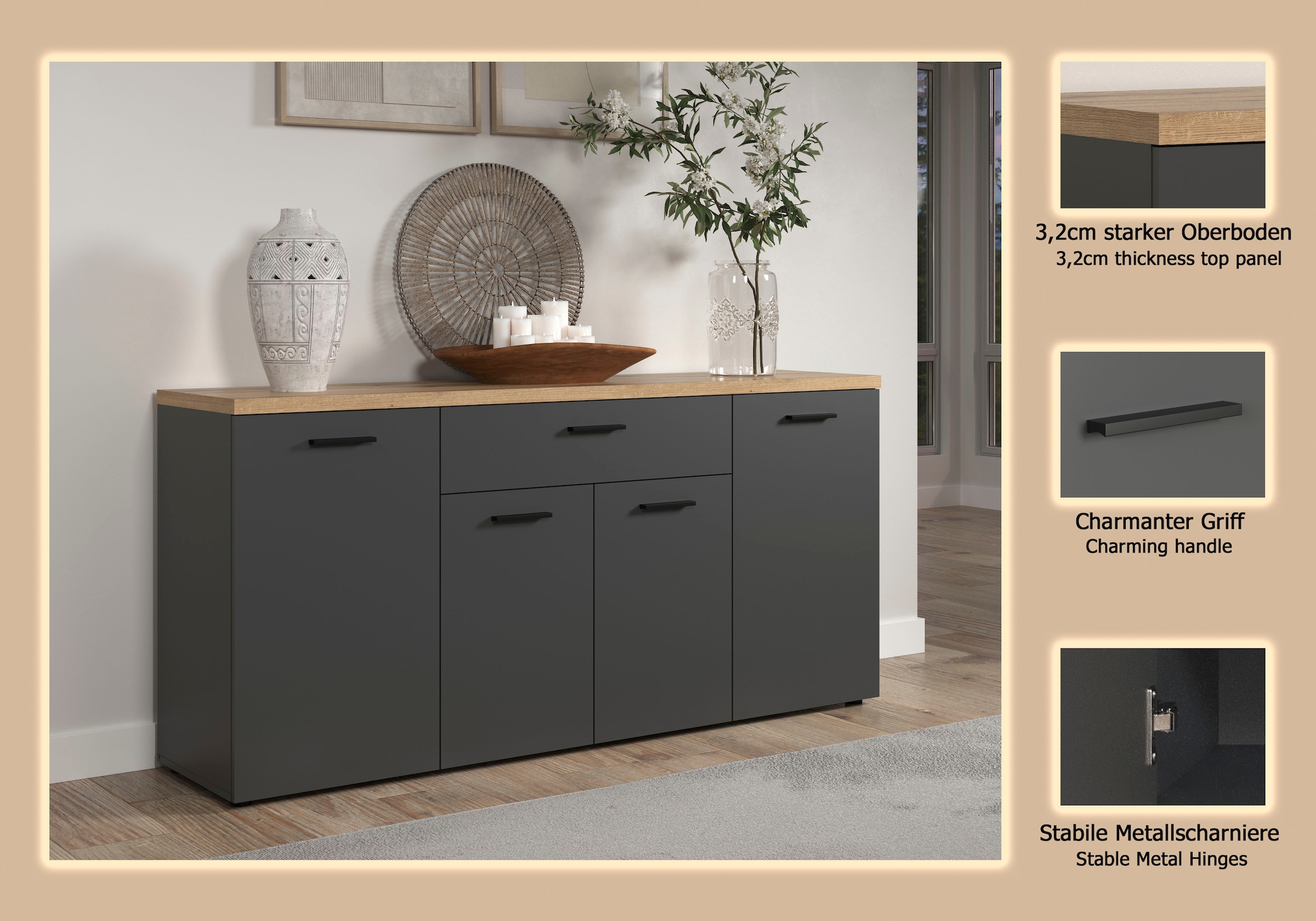 Home affaire Sideboard »Bajo« 1 Stk. tlg. Kommode mit 4 Türen und 1 Schubkasten – (B/T/H) 180/42/85 cm