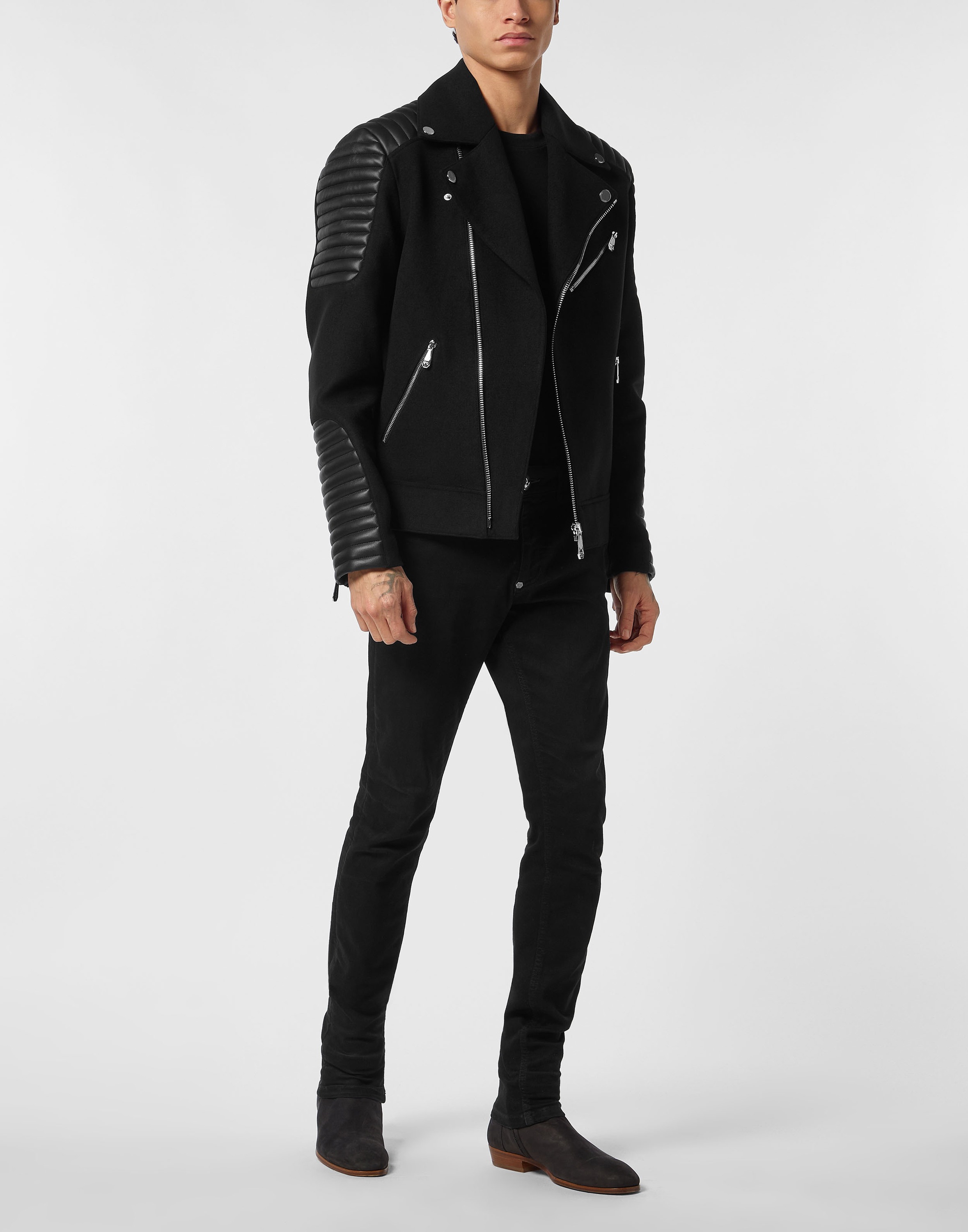 Bikerjacke PHILIPP PLEIN "Biker-Jacke", Herren, Gr. M, 02, schwarz, Obermaterial: 64% Polyester, 33% Viskose, 3% Elasthan; Futter: 100% Polyester, Jacken 3