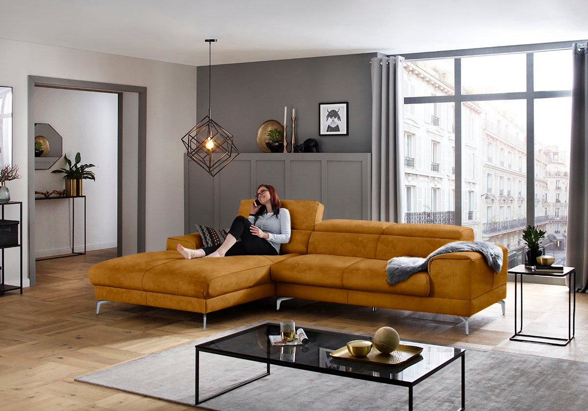 W.SCHILLIG Ecksofa »piedroo, Designsofa mit tollem Sitzkomfort, bequem und elegant, L-Form«, Kopfteilverstellung, wahlweise mit Sitztiefenverstellung, Breite 303cm