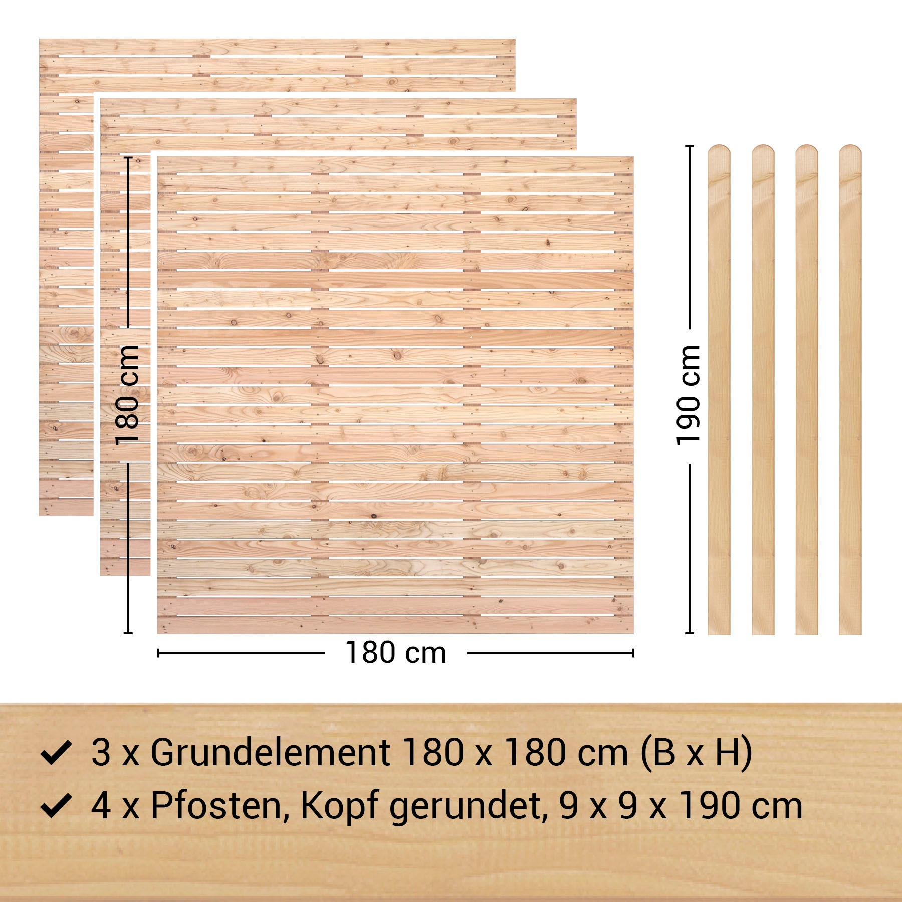 BM Massivholz Zaun »Kurt Set 3«, 3 Zaunelemente 180 x 180cm, 4 Pfosten, Kopf gerundet, Länge 190cm