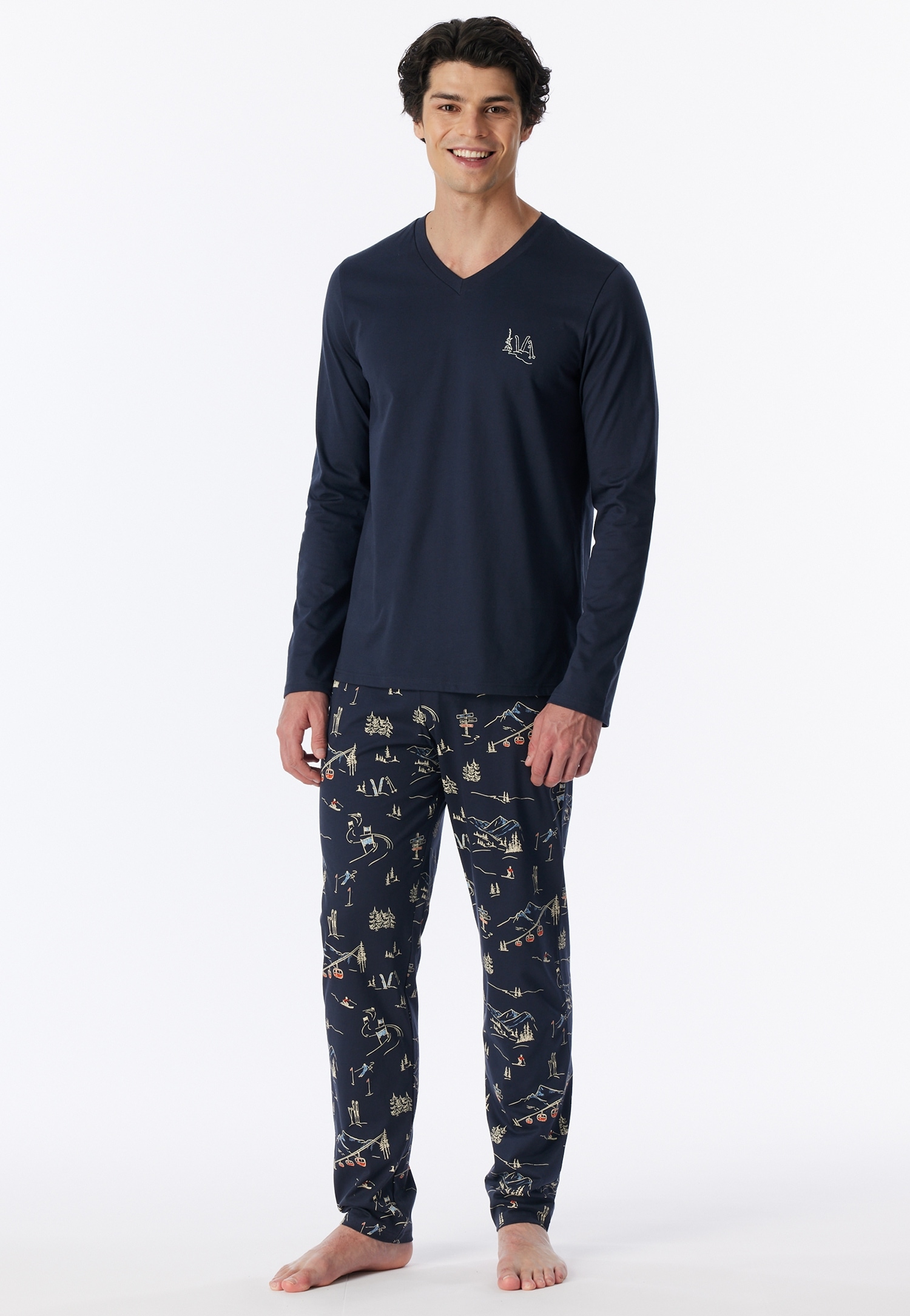 Schiesser Pyjama »Family« 0, 2 mit V-Ausschnitt, Hose mit Allover-Print