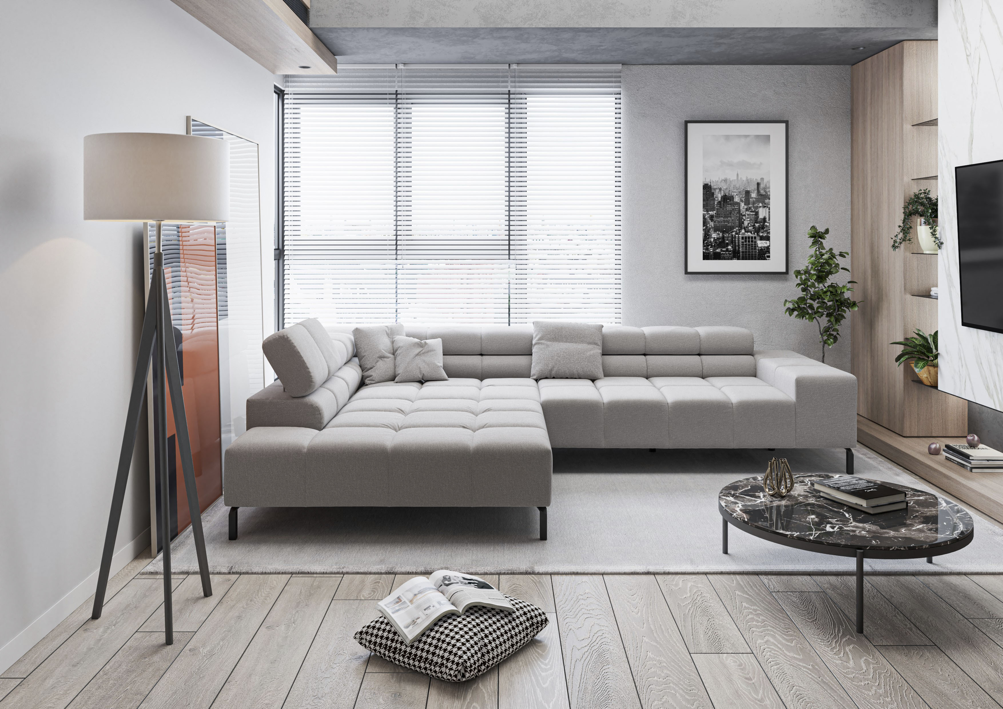 Home affaire Ecksofa "Ancona New, wahlweise motorische Sitztiefenverstellung, auch in Cord" feine Steppung, mit Kopfteilverstellung, 3 Zierkissen, L-Form
