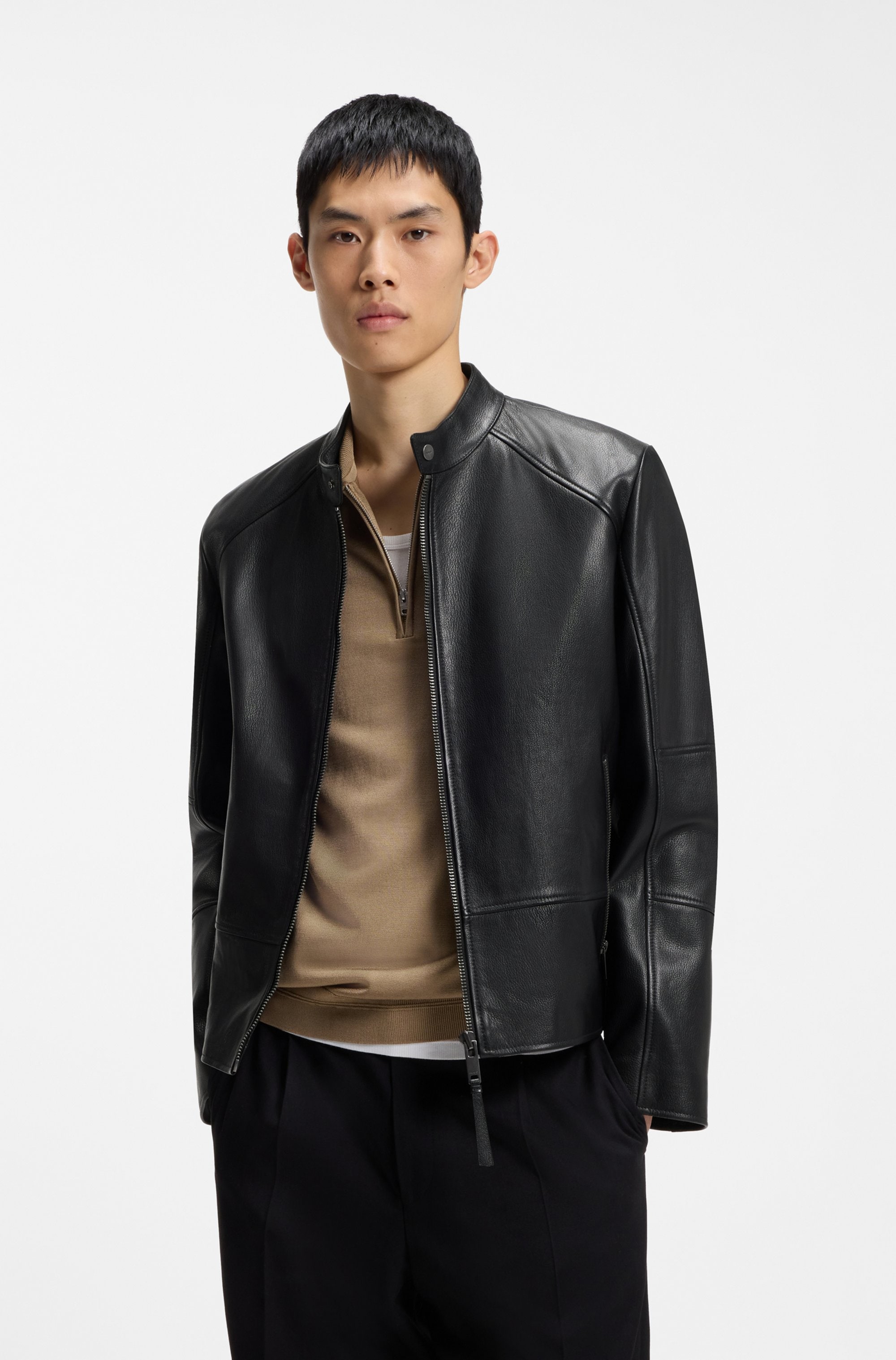 HUGO Lederjacke "Likos" Stehkragen mit Knopf, echtes Leder, Slim Fit