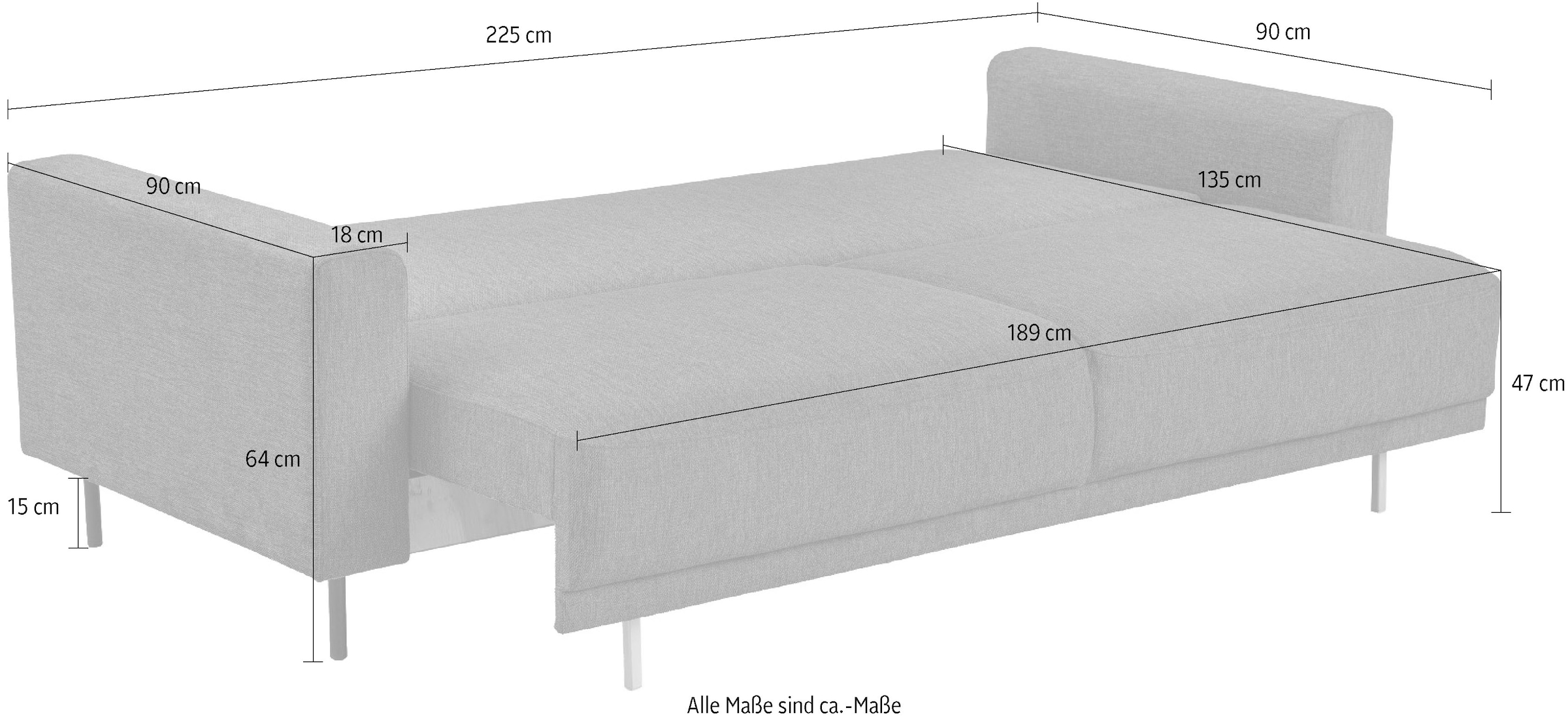 Home affaire Schlafsofa »Sveeva, 3 Sitzer, Liegefläche 135x190 cm, schwarze Metallfüße« langlebiger Webstoff, mit Wellenunterfederung, viele Farben