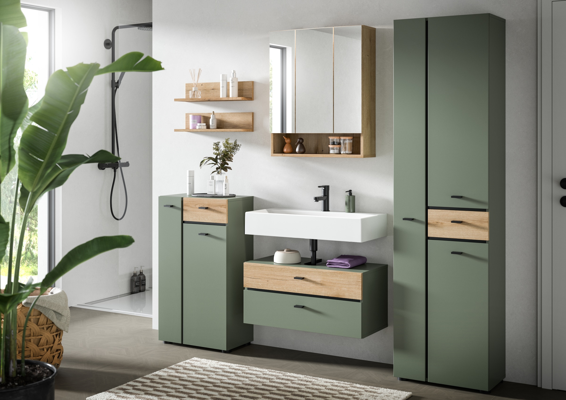welltime Badmöbel-Set »VANN, 6-teilige moderne Badkombination, individuell stellbar« Midischrank, 2er Set Wandregal, WBU, Spiegelschrank, Hochschrank, 6 Stk. tlg.