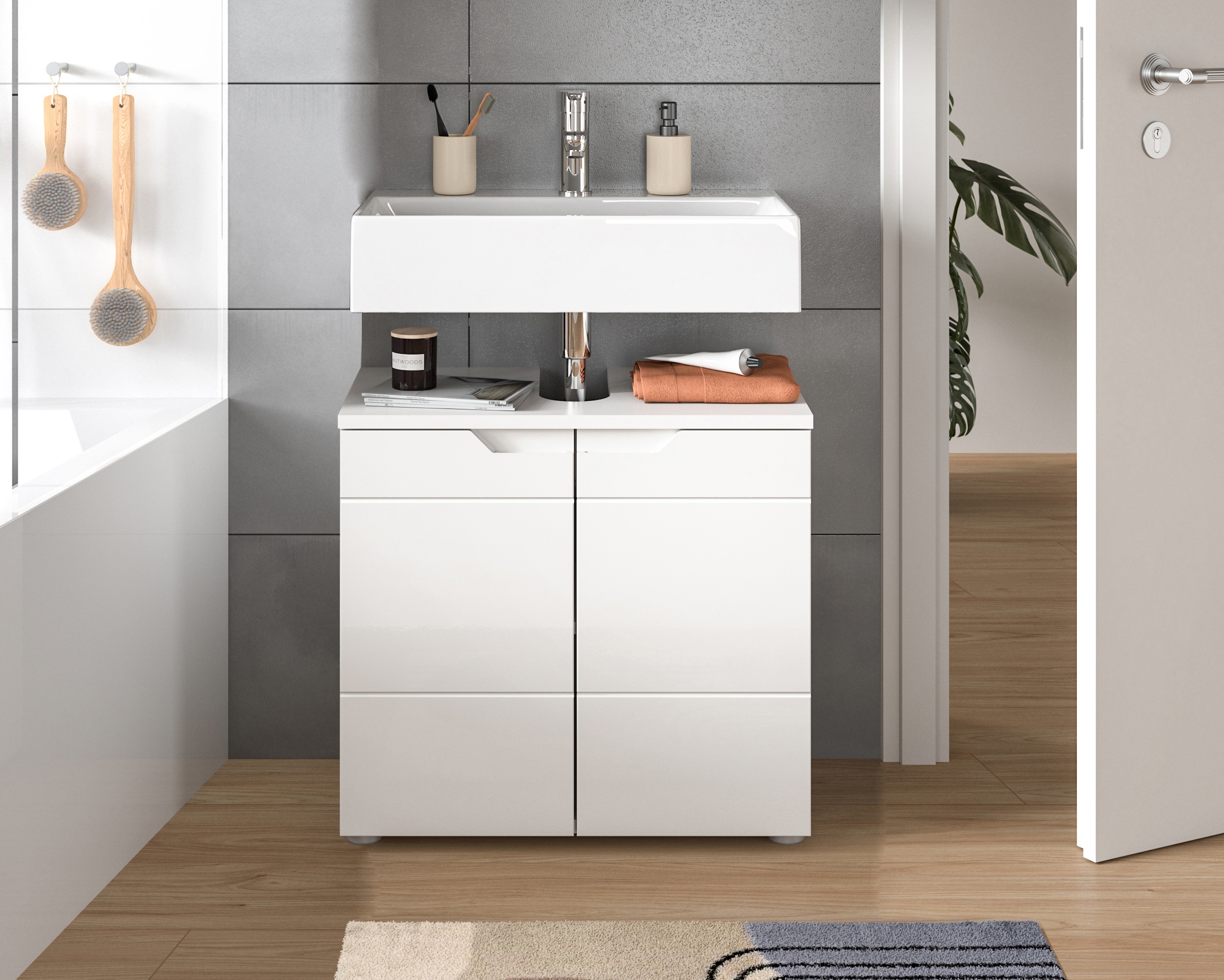 INOSIGN Waschbeckenunterschrank »CAPRI, Breite 63 cm, mit Siphonausschnitt, 2 Türen & 1 Einlegeboden«, WBU, Unterschrank, Badschrank, Badunterschrank, Waschbeckenschrank