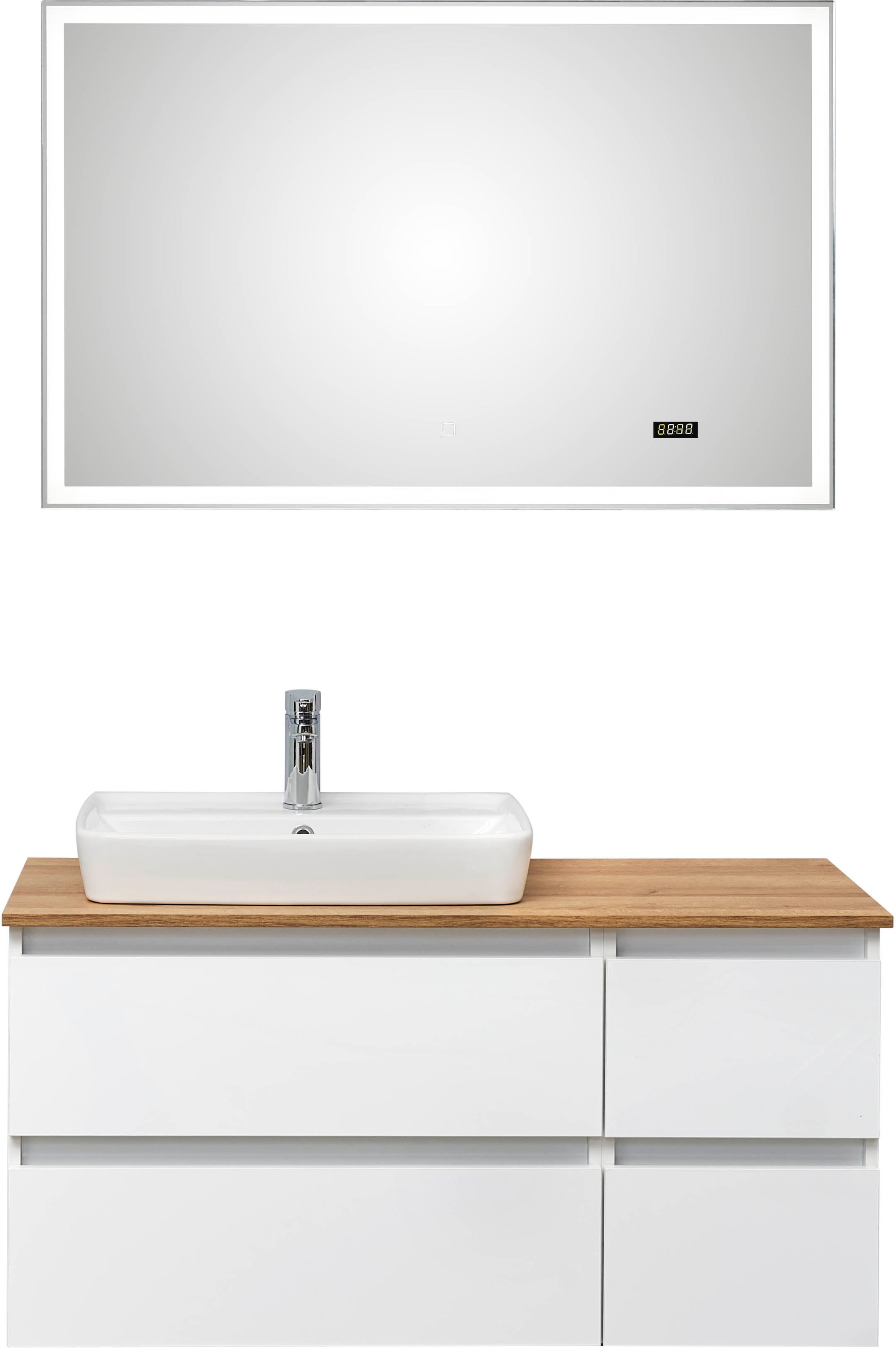 Saphir Badmöbel-Set »Quickset 360 2-teilig, mit Keramik-Aufsatzbecken und LED-Spiegel«, (Set, 2 St.), in Weiß Glanz, Riviera Eiche quer Nachbildung, 4 Schubladen