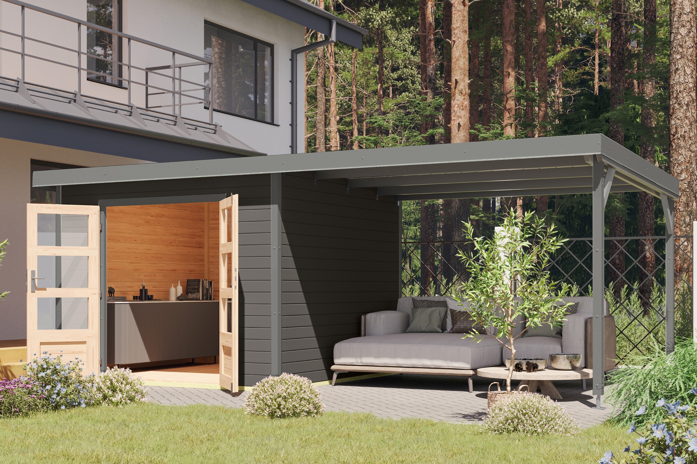 Karibu Gartenhaus »Plutino 6  SET, in verschiedenen Farben« inkl. Anbaudach