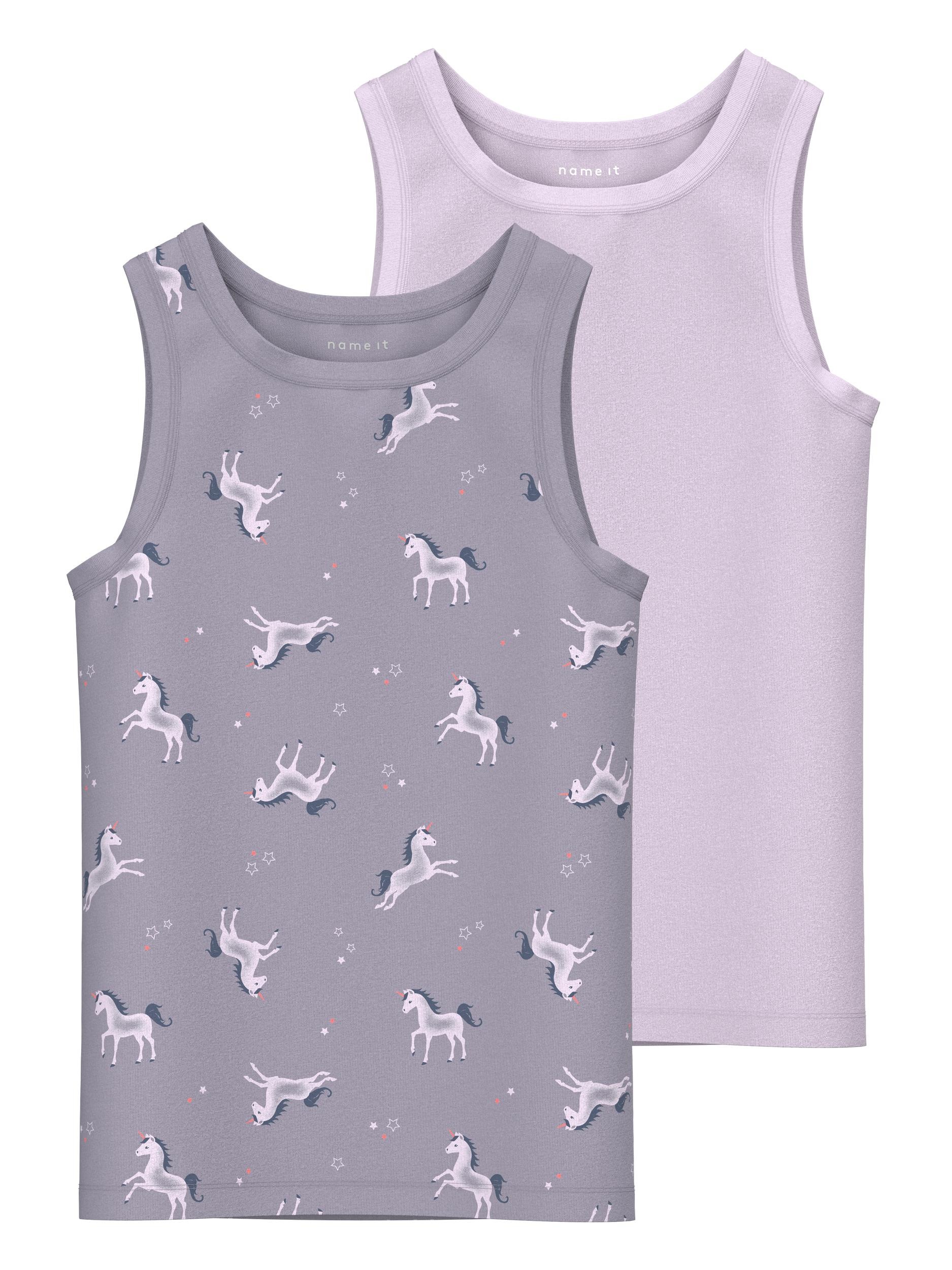 NAME IT Mädchen Unterhemd "NMFTANK TOP 2P LAVENDER UNICORN NOOS", Gr. 98, lila, Jersey, Obermaterial: 95% Baumwolle, 5% Elasthan, bedruckt,