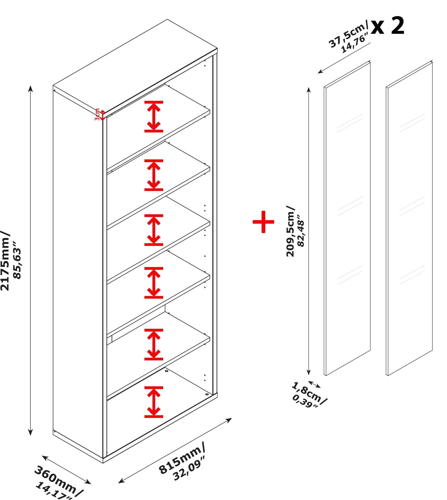 Composad Aktenschrank »DAVINCI, mit 2 Glastüren und 6 Fächern, verstellbare Böden,«, Höhe 217,5 cm, 100% recyceltes Holz, Made in Italy