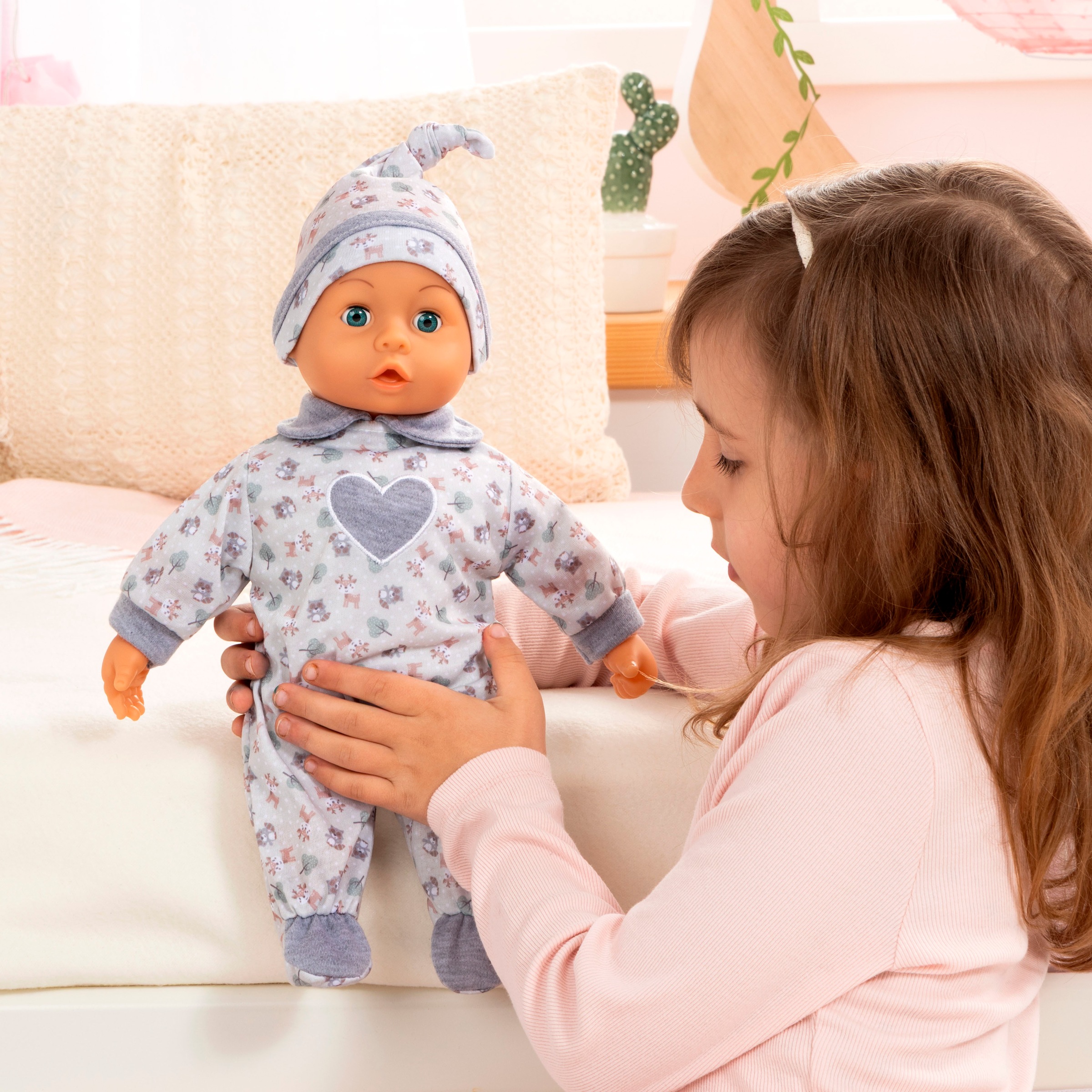 Bayer Babypuppe »First Words Baby, 38 cm, grau«, (3 tlg.), mit Schlafaugen und Babygeräuschen