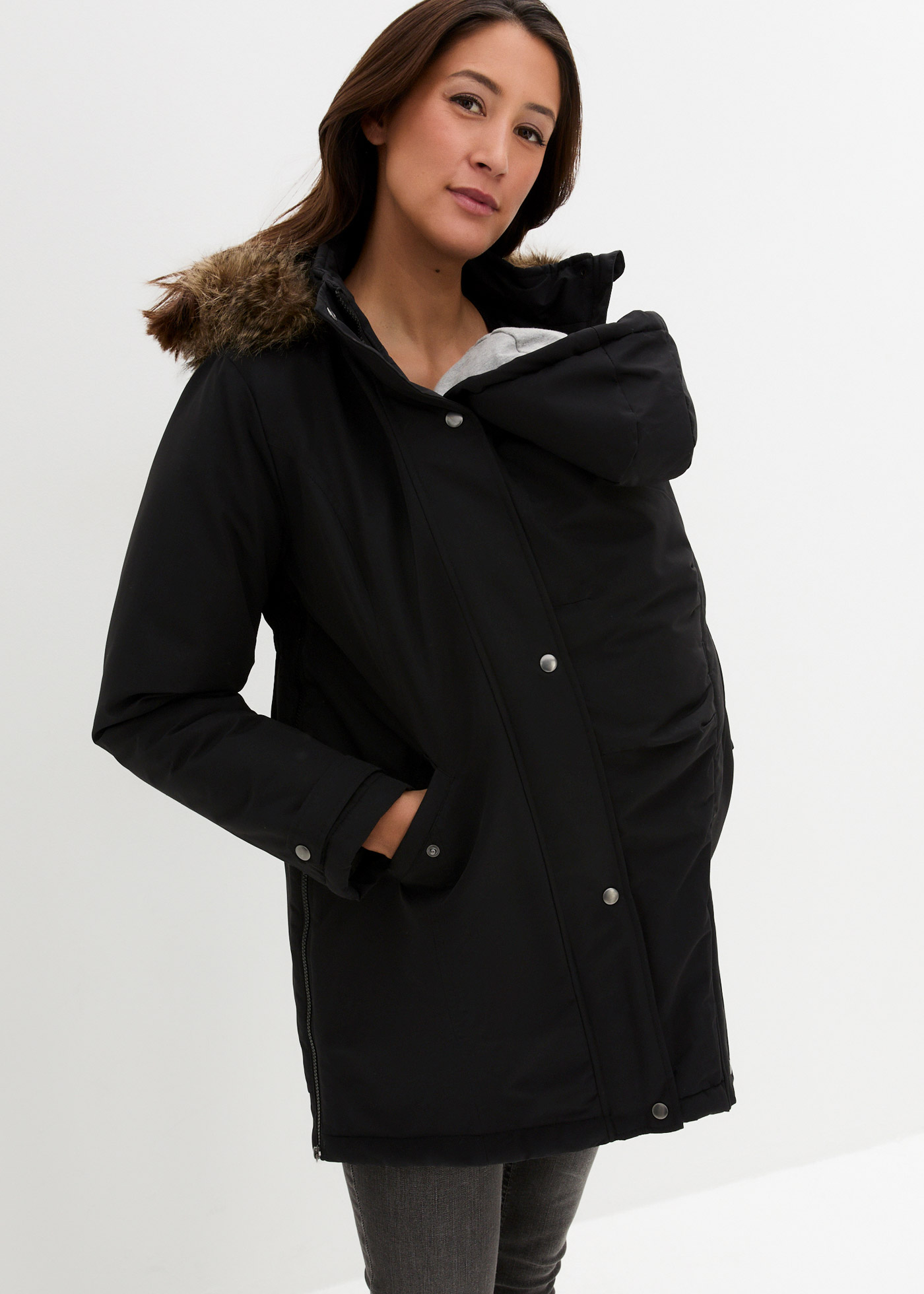 bonprix Umstandsjacke mit Kapuze mit elastischem Gummizug, seitlicher Erweiterung durch Reißverschlüsse