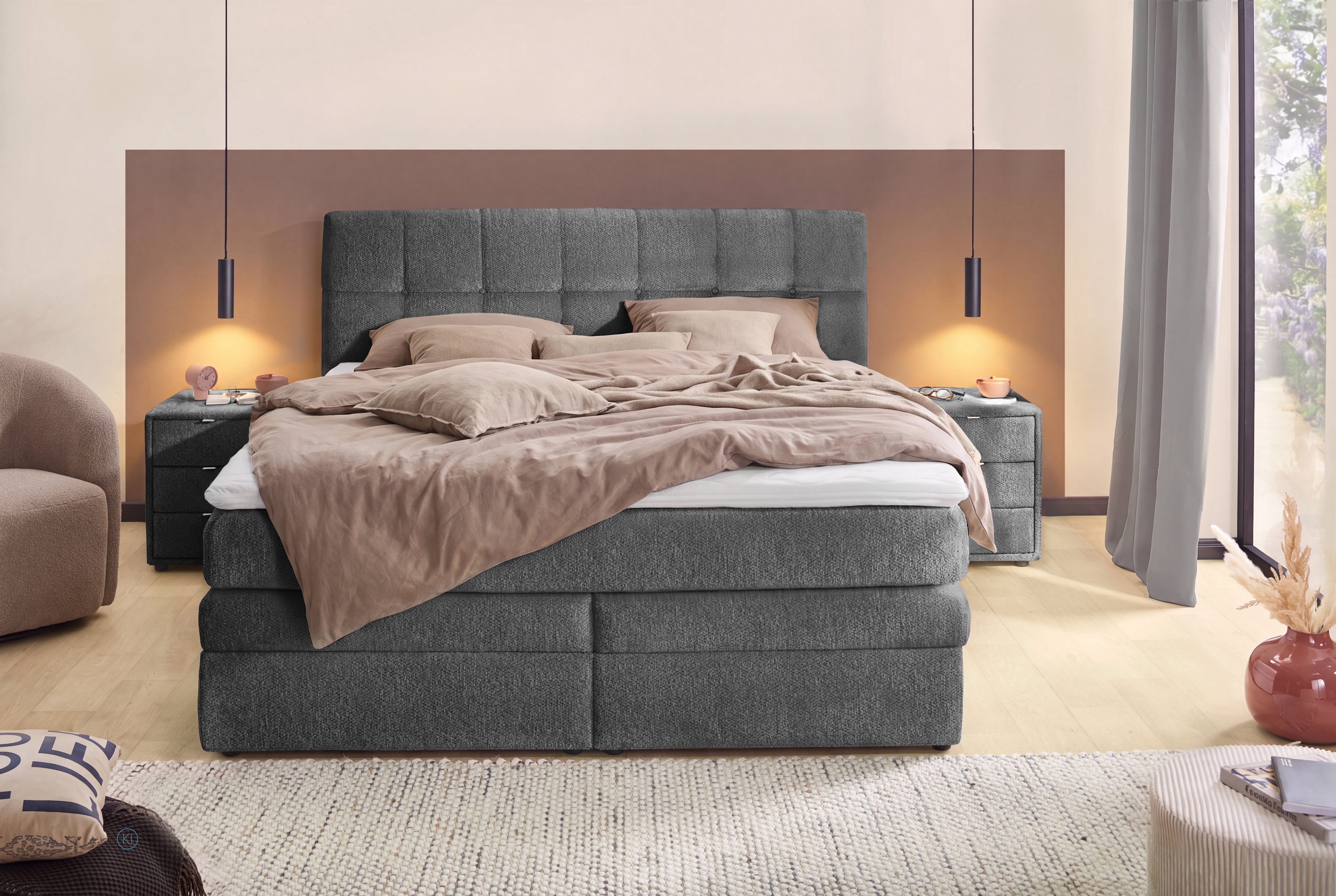 Jockenhöfer Gruppe Boxspringbett "AMY mit Bettkasten, inkl. Taschenfederkernmatratze Härtegrad H3-H4" mit 6 cm Kaltschaum-Topper, Chenille-Bezug, 180x200 und 200x200 cm