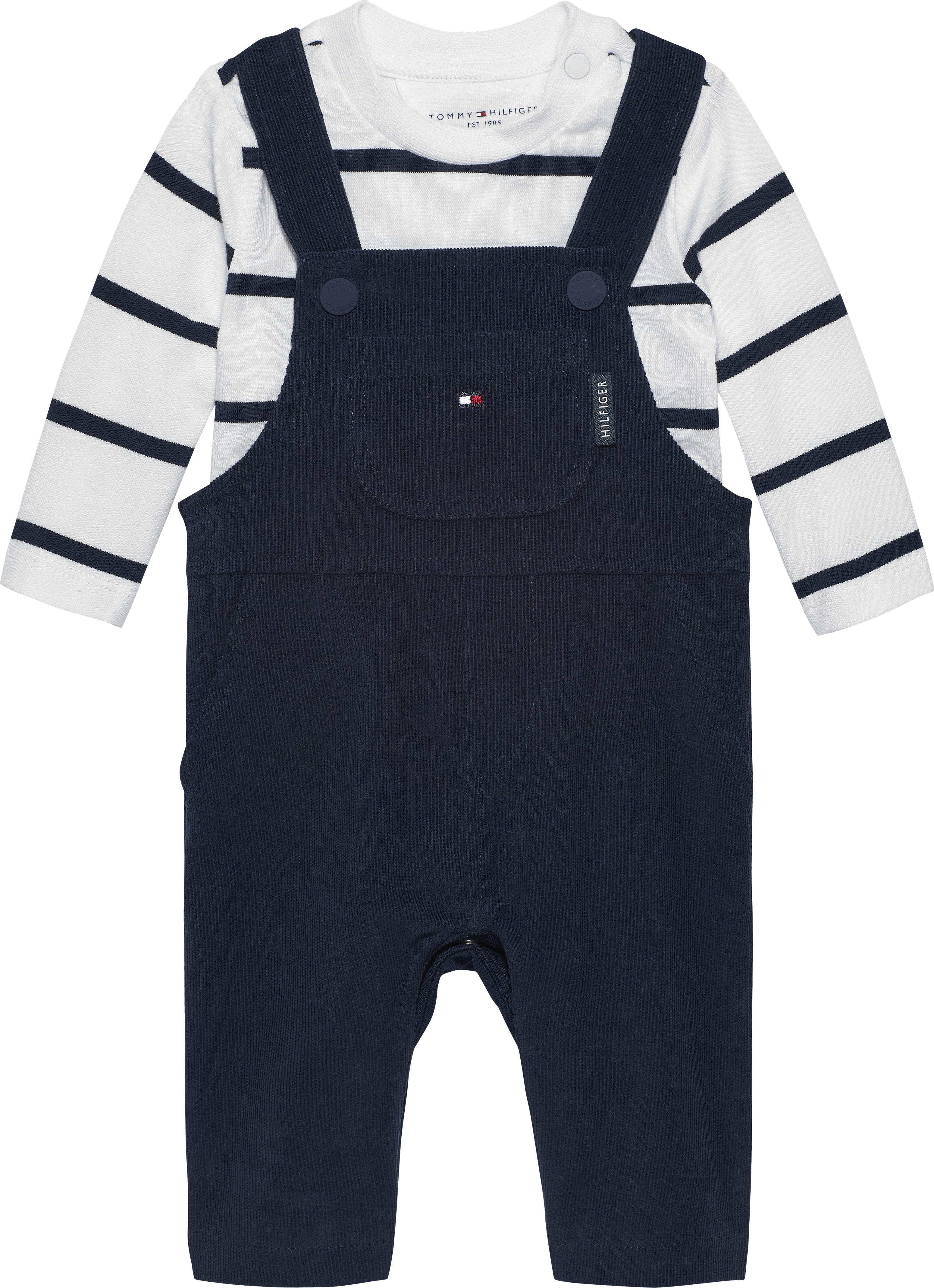 TOMMY HILFIGER Jungen Langarmshirt & Hose "BABY CORD DUNGAREE SET"schwarz night navy, Gr. 56, gestreift, unifarben, Jersey, Obermaterial: 100%