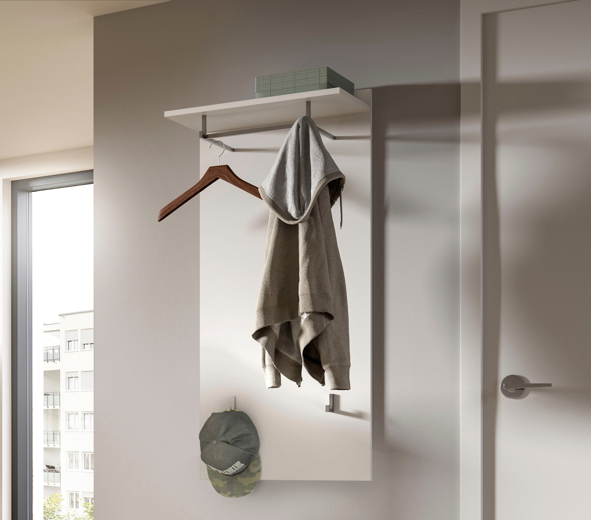 INOSIGN Garderobenpaneel »Valge, Höhe 114 cm, 1 Ablageboden, 2 Haken, 1 Kleiderstange«, (1 St.), Wandpaneel, Paneel, Wandhaken, Wandboard, Wandablage