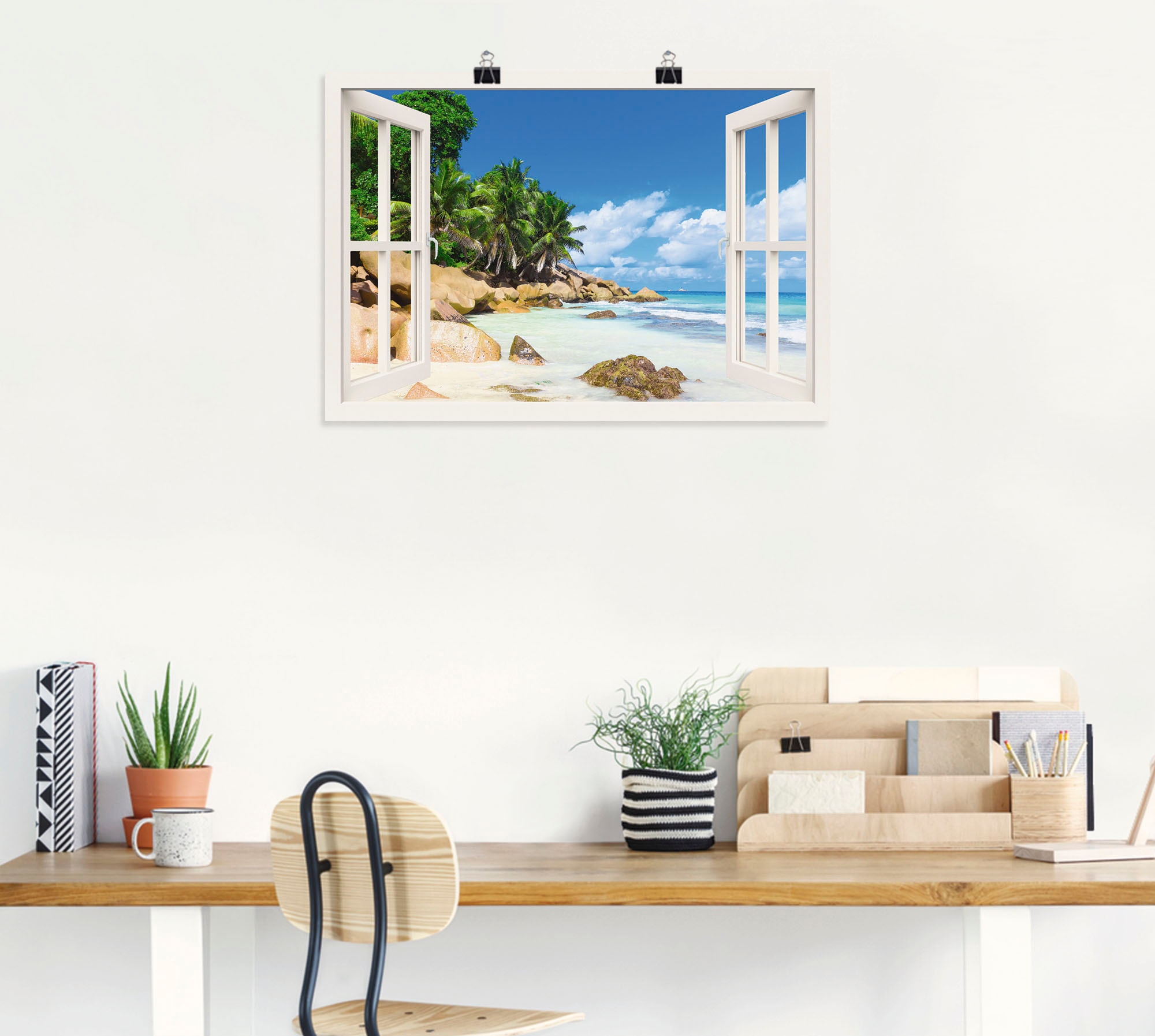 Artland Wandbild »Küste mit Palmen durchs Fenster«, Karibikbilder, (1 St.), als Alubild, Outdoorbild, Leinwandbild, Poster, Wandaufkleber