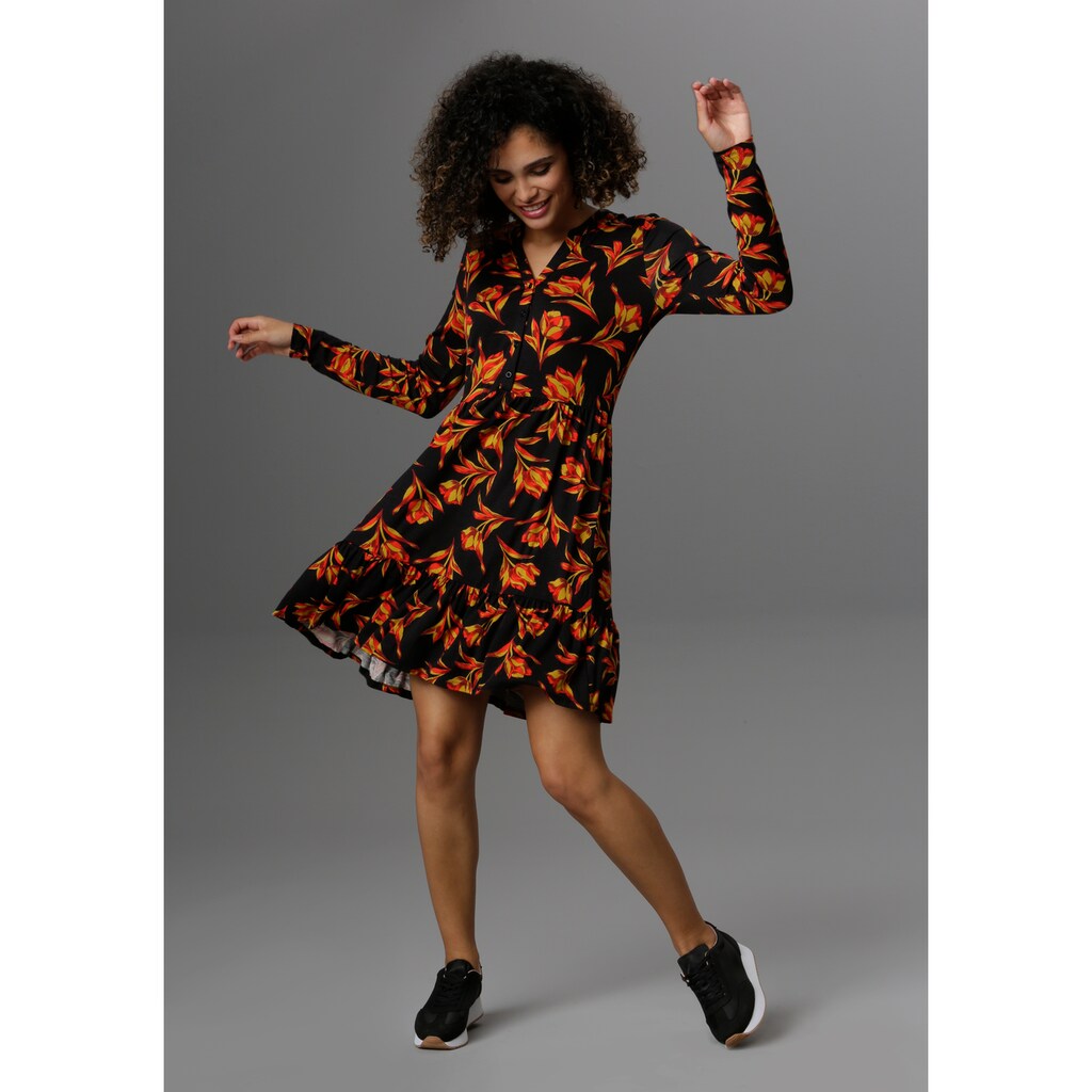 Damenmode Kleider Aniston SELECTED Jerseykleid, mit Tulpendruck und Volant schwarz-dunkelrot-rot-ocker Damenmode Kleider Aniston SELECTED Jerseykleid, mit Tulpendruck und Volant schwarz-dunkelrot-rot-ocker