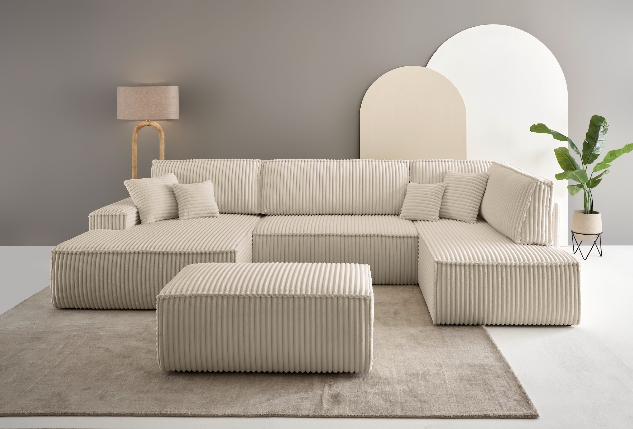 OTTO home Wohnlandschaft "FINNLEY Cord U-Form XXL 329 cm - OTTO. Verlässliche Qualität." Schlafsofa, Bettkasten, in Bouclé, Struktur fein und Mega Cord