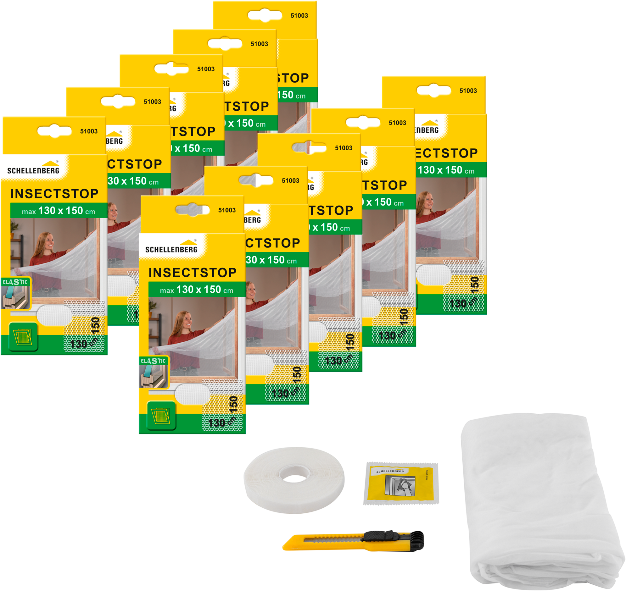 SCHELLENBERG Fliegengitter-Gewebe "Elastic ohne bohren", B/H: 130cm x 150cm, 10er Pack, weiß, Insektenschutzgitter, elastischer Insektenschutz für