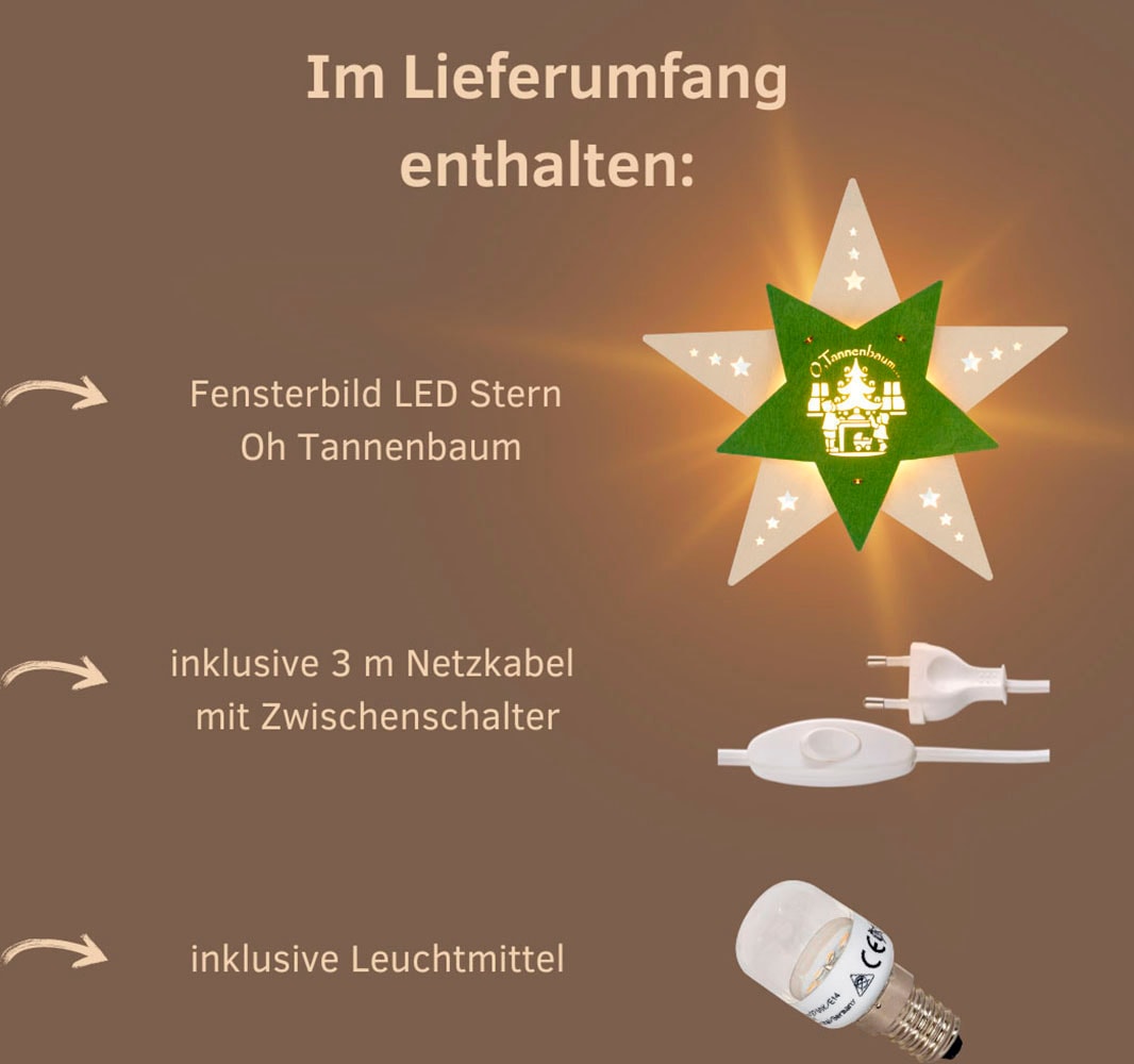 Weigla Dekostern »LED Oh Tannenbaum, beleuchtetes Fensterbild, WEIẞ-GRÜN«, (1 St.), Erzgebirge garantiert, Weihnachtsdeko Innen, Weihnachtsbeleuchtung
