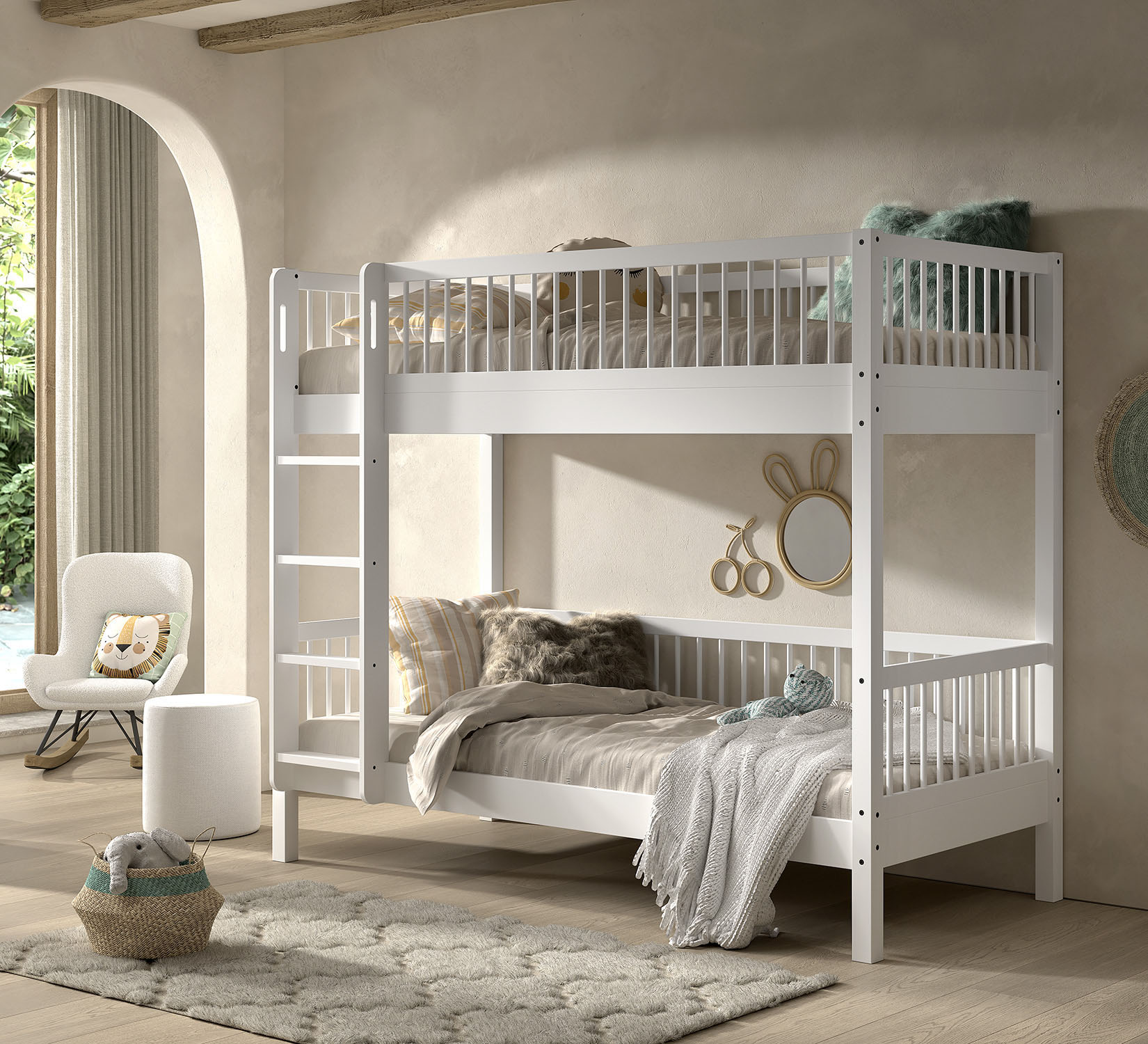Vipack Etagenbett "Buche massiv weiß, Made in Europe, langlebige Qualität" B/H/T ca. 208x176x98cm, inkl. Leiter, Absturzschutz oben umlaufend, 2 Lattenroste, wahlweise mit oder ohne Bettschublade