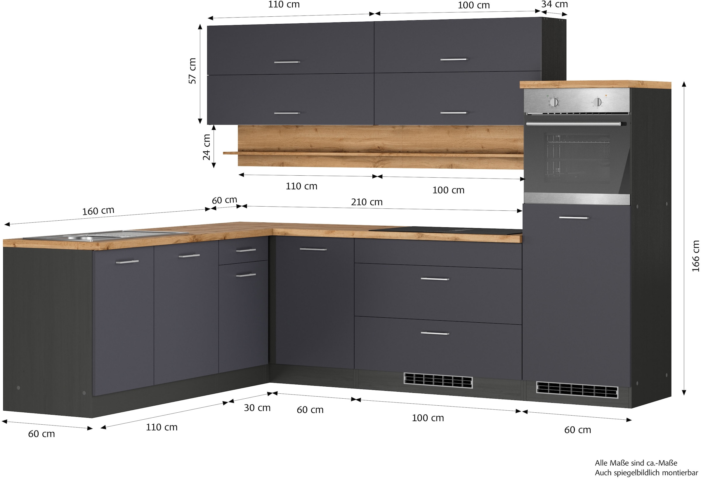 KOCHSTATION Winkelküche »KS-Milan, optional mit Muldenlüfter«, Stellbr.270/220 cm, wahlweise mit E-Geräten, Kochfeld mit Dunstabzug