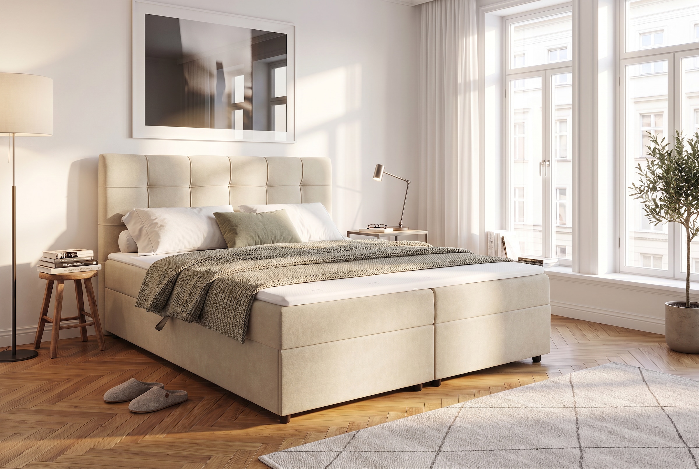 OTTO home Boxbett "TOMMES, Polsterbett mit Bettkasten und Taschenfederkernmatratze H3" mit Kaltschaumtopper, Chenille-Bezug, Liegefläche 180x200 cm