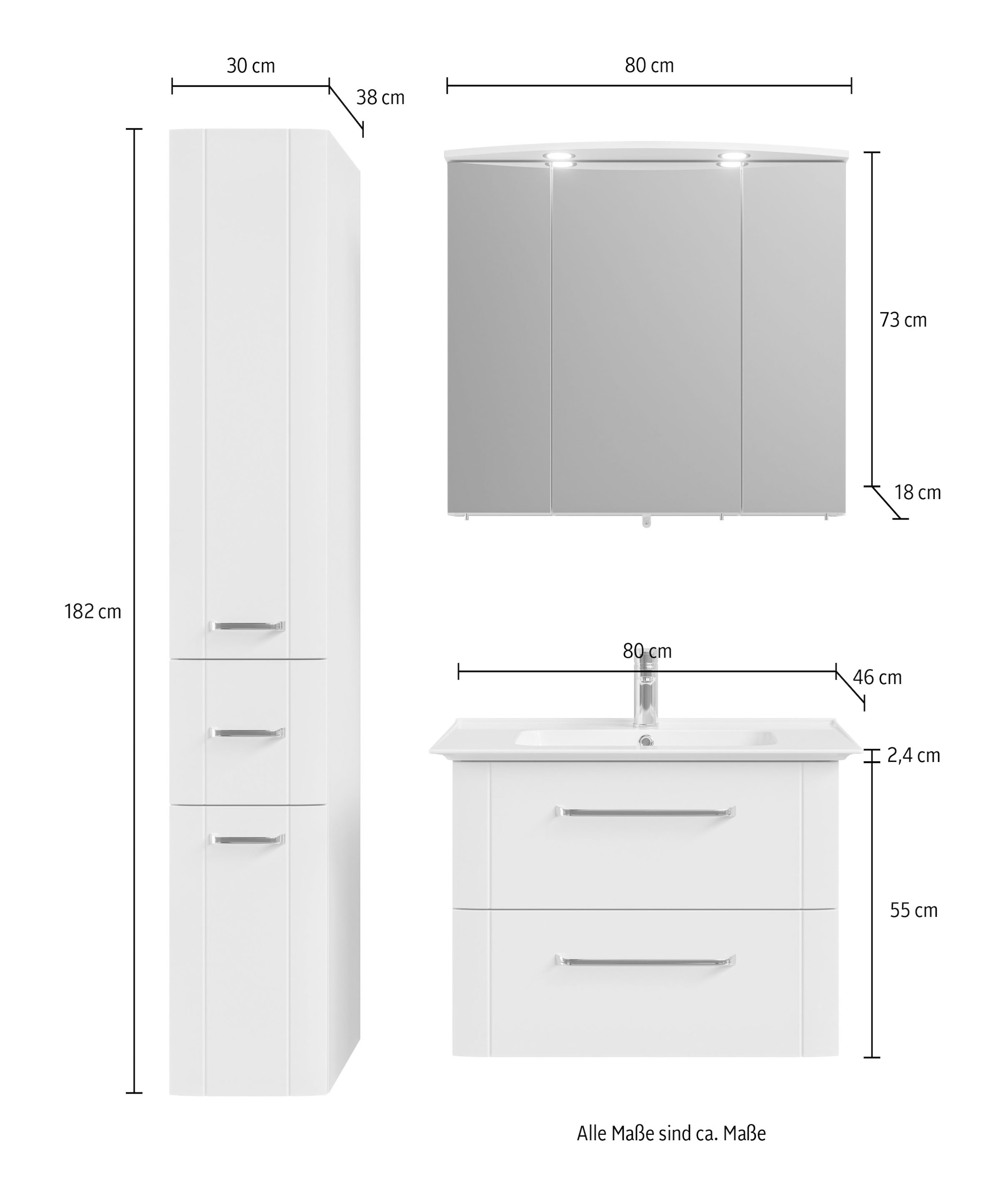 Saphir Badmöbel-Set »Badmöbel-Set Serie 3006 3-teilig Keramik-Waschtisch mit Spiegelschrank«, (4 St.), Badezimmer Set mit Hochschrank, inkl. Türdämpfer