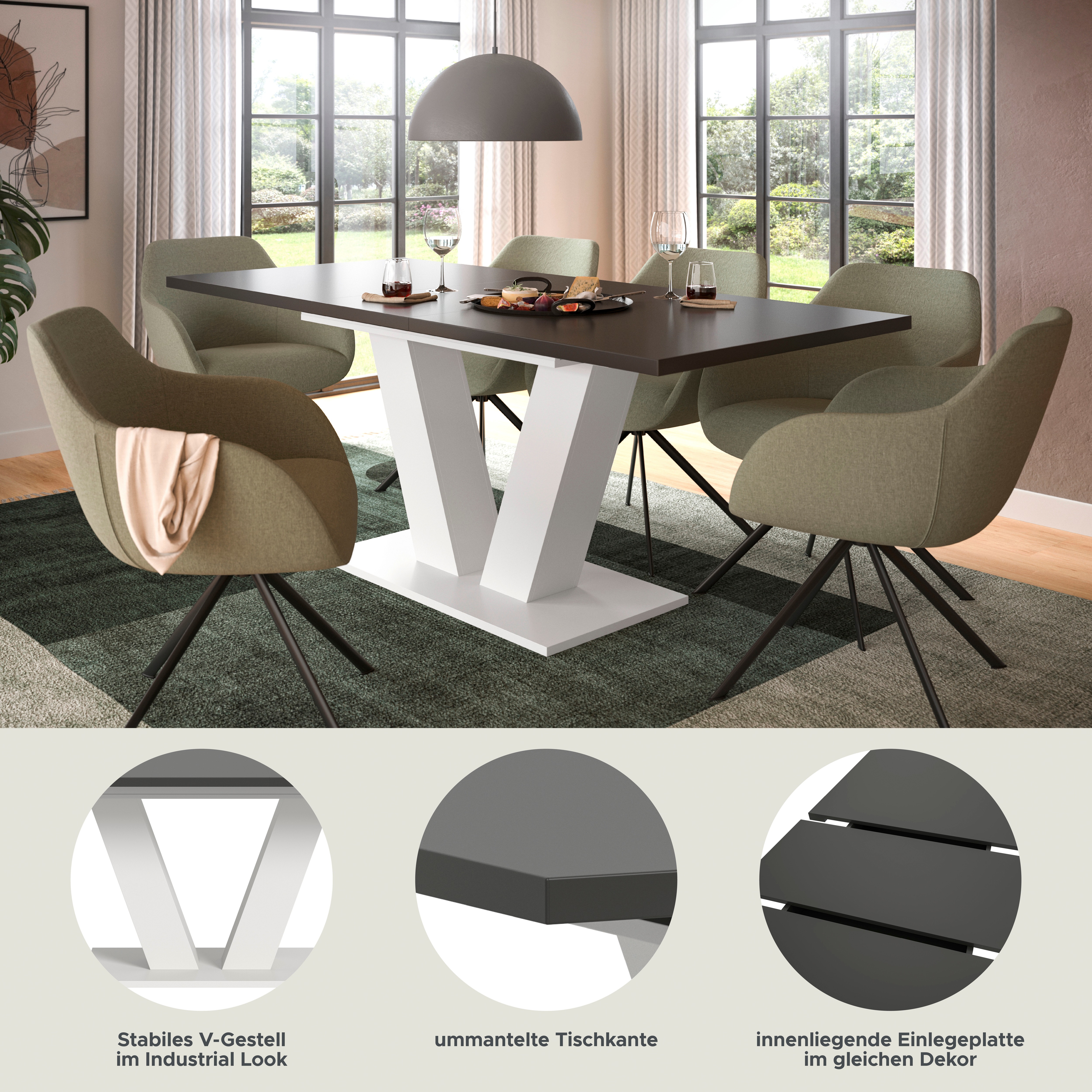 Thumbnail - Home affaire Esstisch "Motus, ausziehbar 150 -190 cm, inklusive 40 cm Einlegeplatte" Set, 1 Stk. tlg. V-Gestell mit Bode...