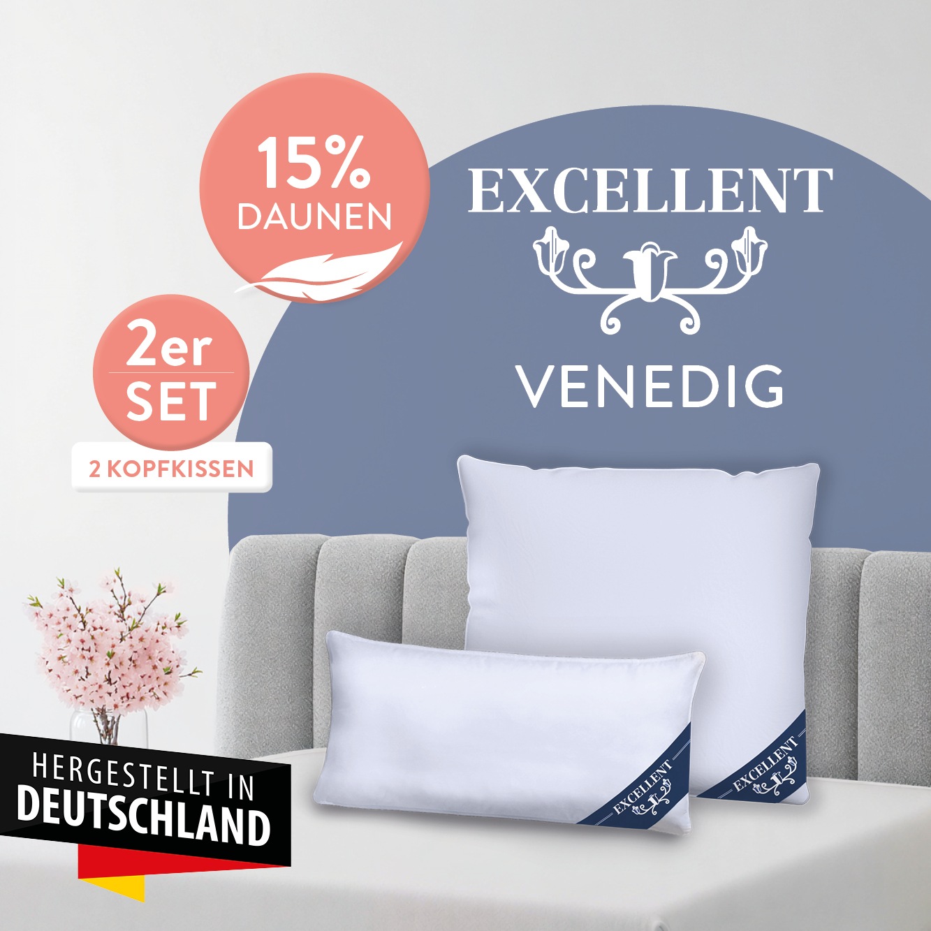 Excellent Kopfkissen "Venedig, Kuschel- oder Kopfkissen 1-tlg. oder 2 -tlg." Füllung: 85% Federn / 15% Daunen 2 Kopfkissen, 2 Stk. tlg. Deko- oder Kopfkissen in vielen Größen