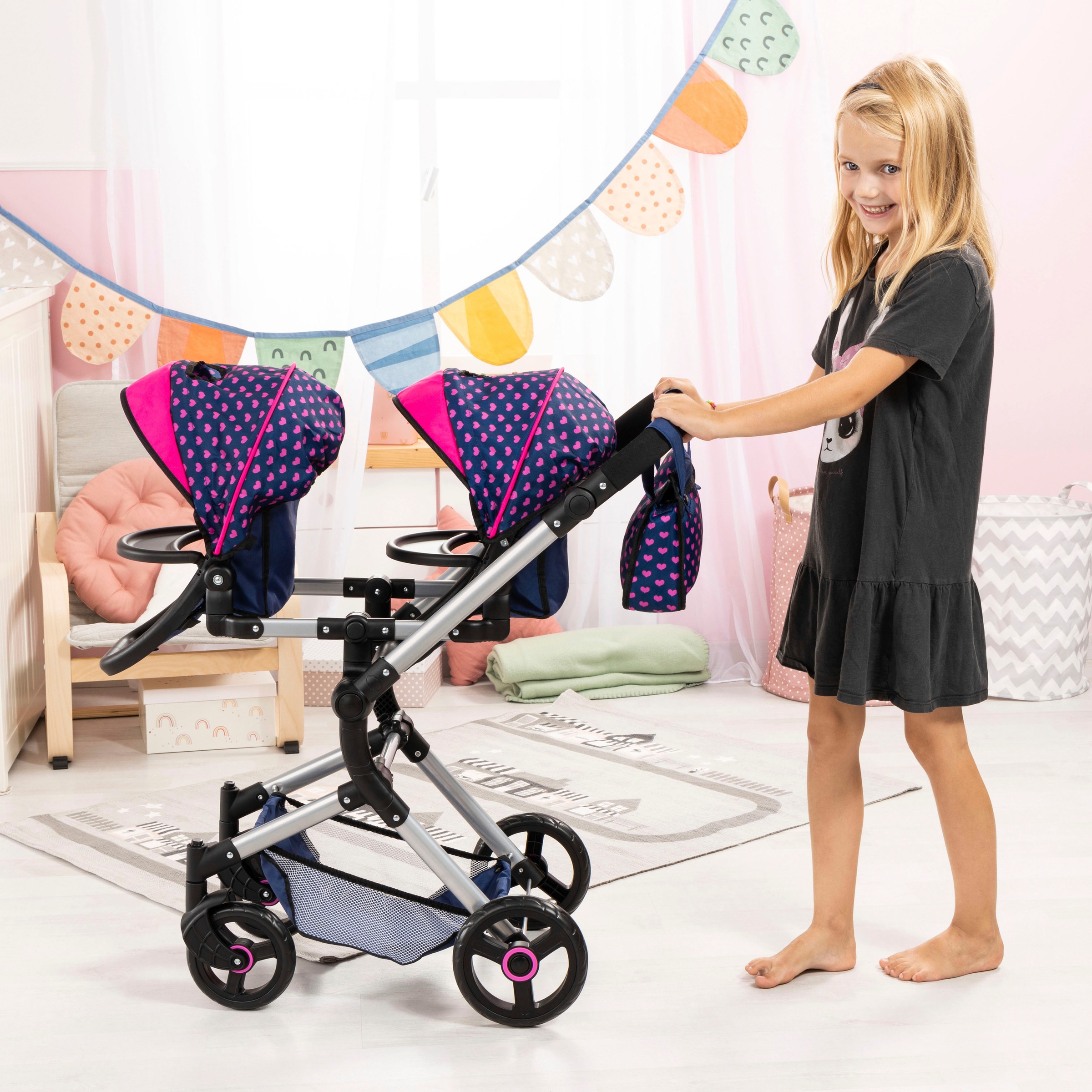 Puppen-Zwillingsbuggy BAYER "Twin Neo", bunt (einhorn blau, pink), Puppenwagen, KinderB:41,5cm H:81cm T:81,5cm, Kunststoff, Metall, Stoff, mit Wickeltasche, B:41,5cm H:81cm T:81,5cm 3