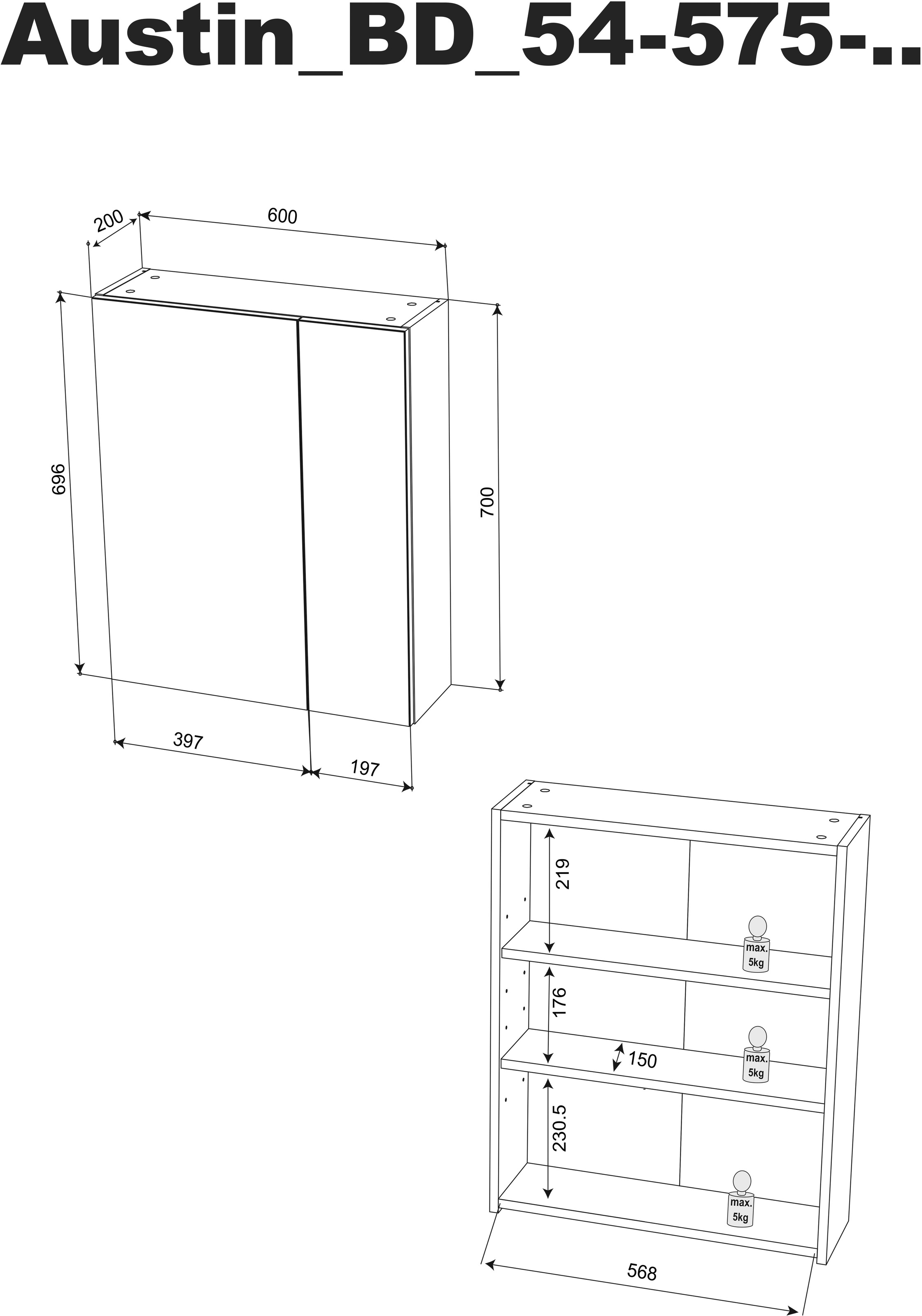 BASIC by Balculina Spiegelschrank »Austin«, (1 St.), Breite 60 cm, Tür L/R montierbar