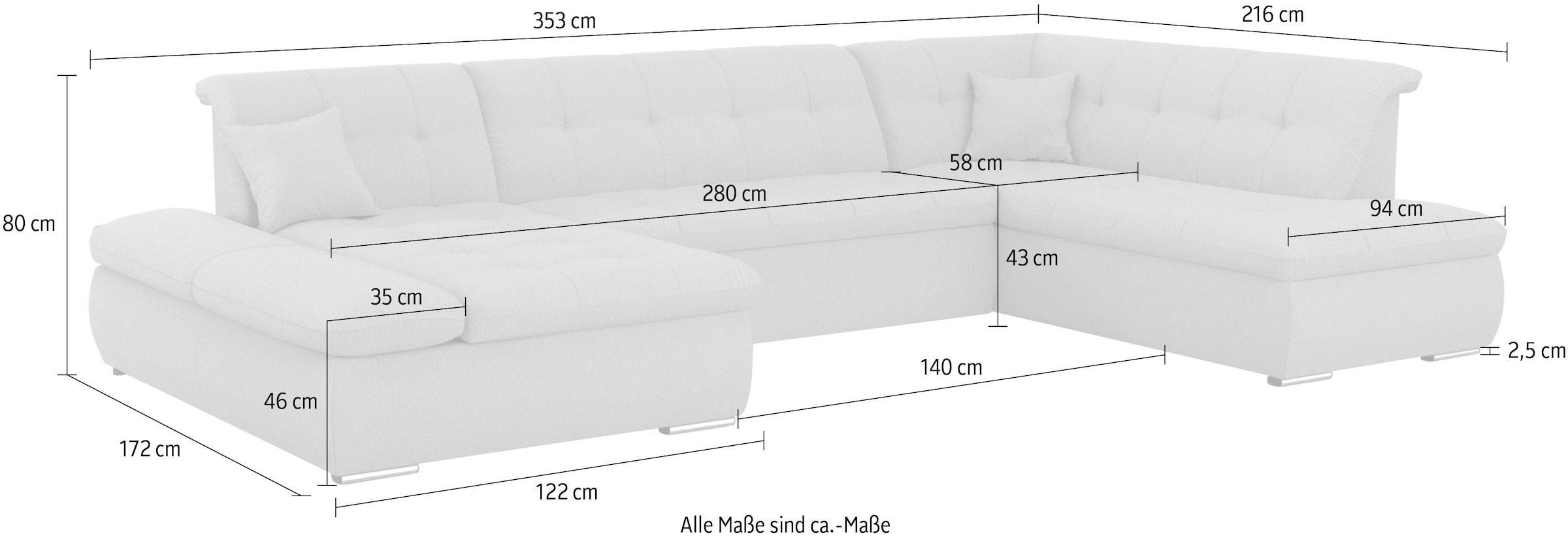 DOMO collection Wohnlandschaft »Moric U-Form auch in Cord«, im XXL-Format, wahlweise mit Bettfunktion und Armlehnenverstellung