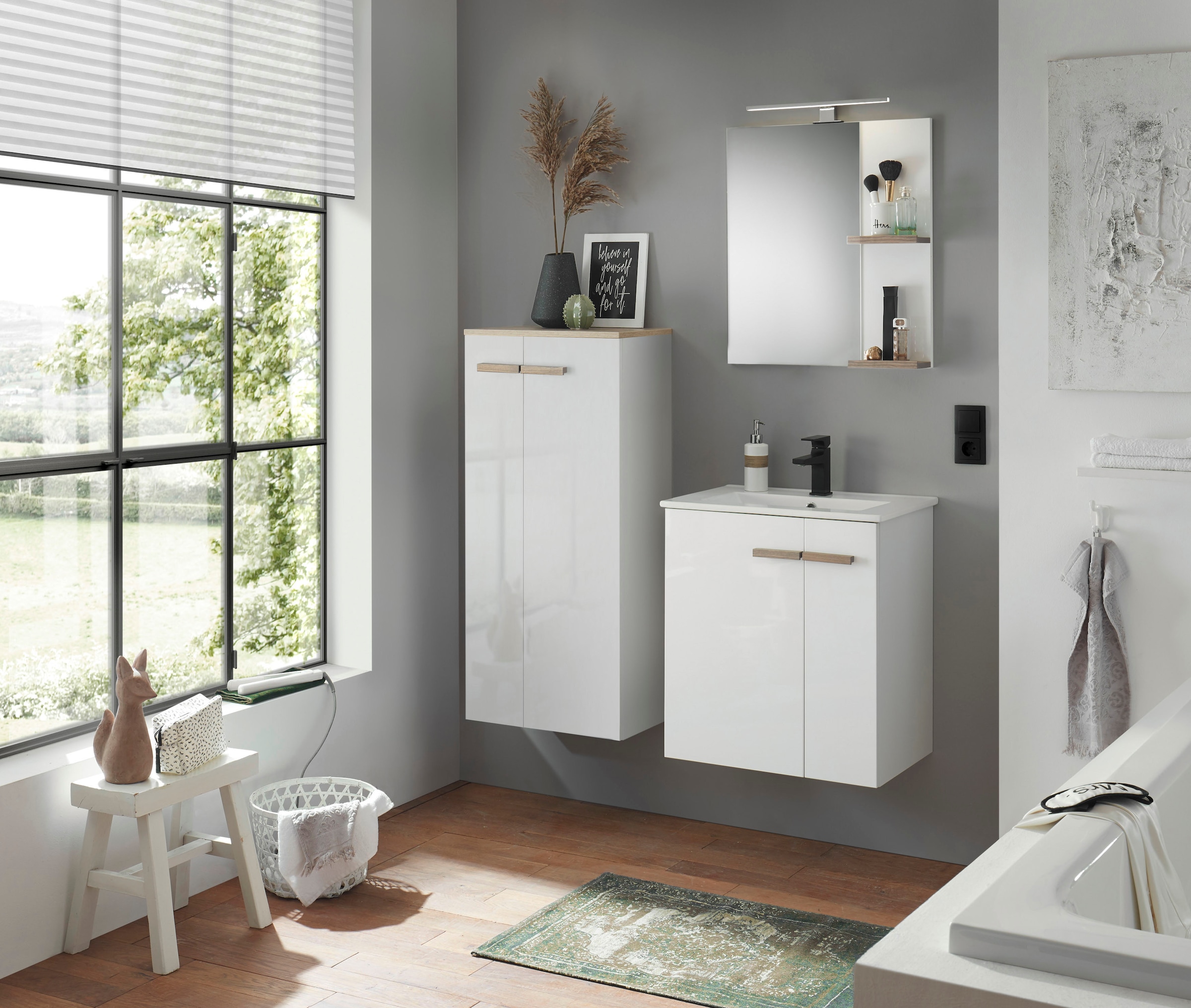 Places of Style Waschtisch »SOLiD, Unterschrank inkl. Waschbecken, Badschrank mit Holzgriffe«, in zwei Farben verfügbar, inkl. Waschbecken, Breite 60 cm