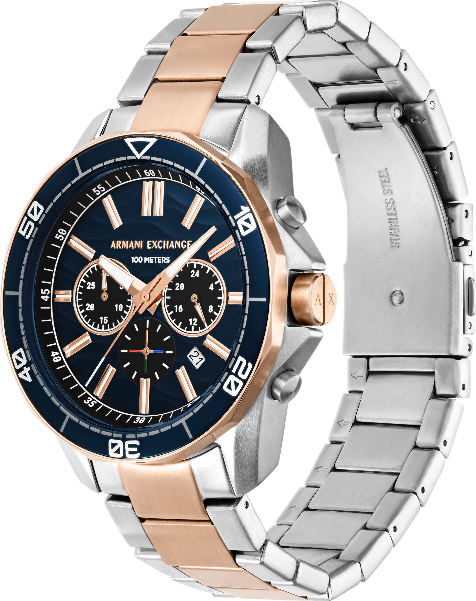 ARMANI EXCHANGE Chronograph, Armbanduhr, Herrenuhr, Edelstahlarmband, analog, Tag, Stoppfunktion