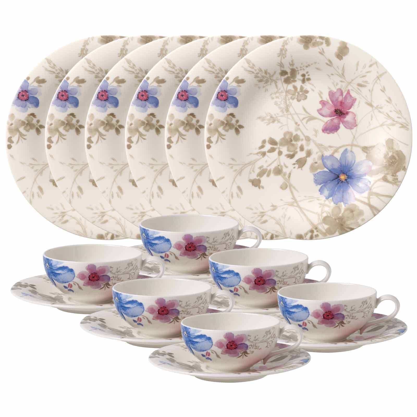 Villeroy & Boch Geschirr-Set "Teeservice Mariefleur Gris Basic 18er Set bunt" Spülmaschinengeeignet, Mikrowellenfest