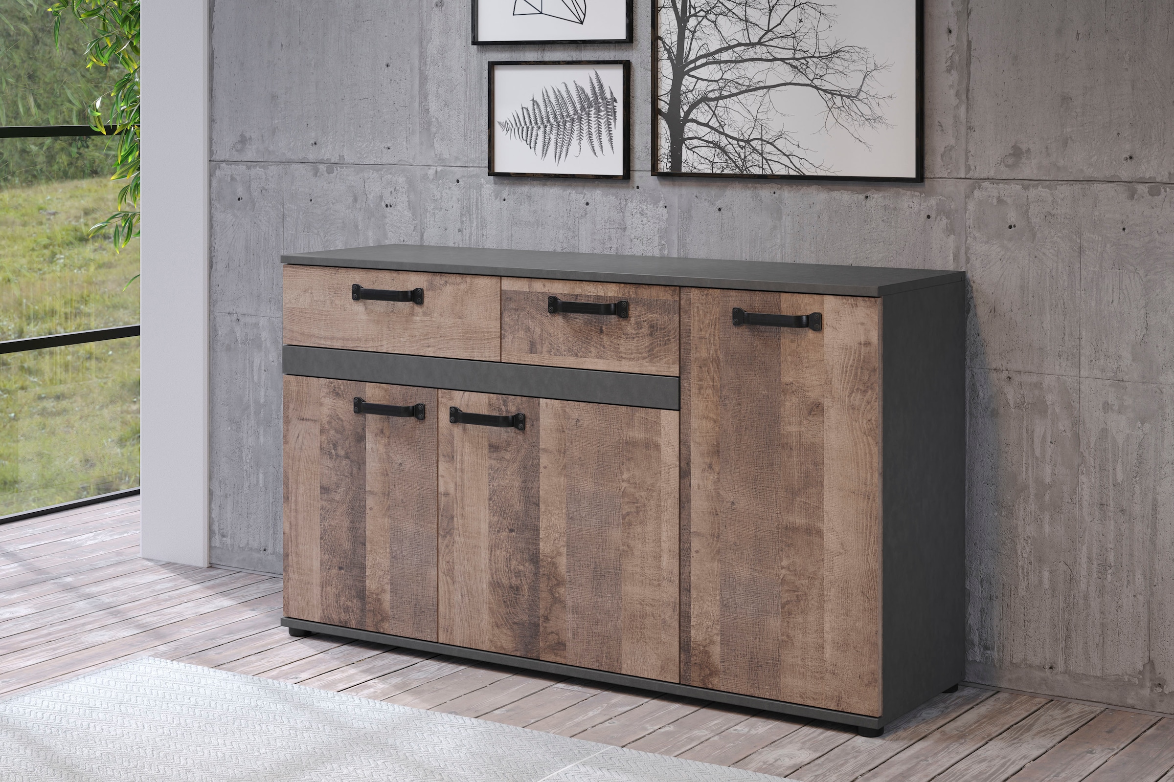 trendteam Sideboard "Stripe", Rustikale Kommode mit 2 Schubladen und 7 Fäch günstig online kaufen