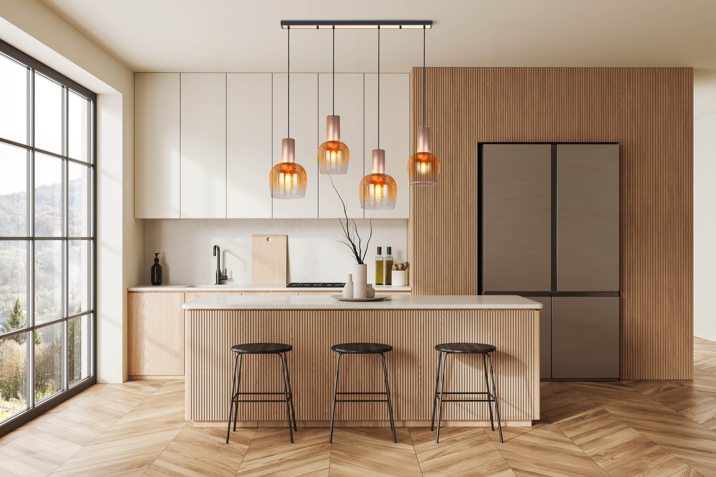 näve Pendelleuchte »Funda«, 1 flammig, Leuchtmittel E27 | Leuchtmittel wechselbar, 4flg., Gläser in amber, E27 exkl. Leuchtmittel, B: 23,5cm, Höhe 150cm