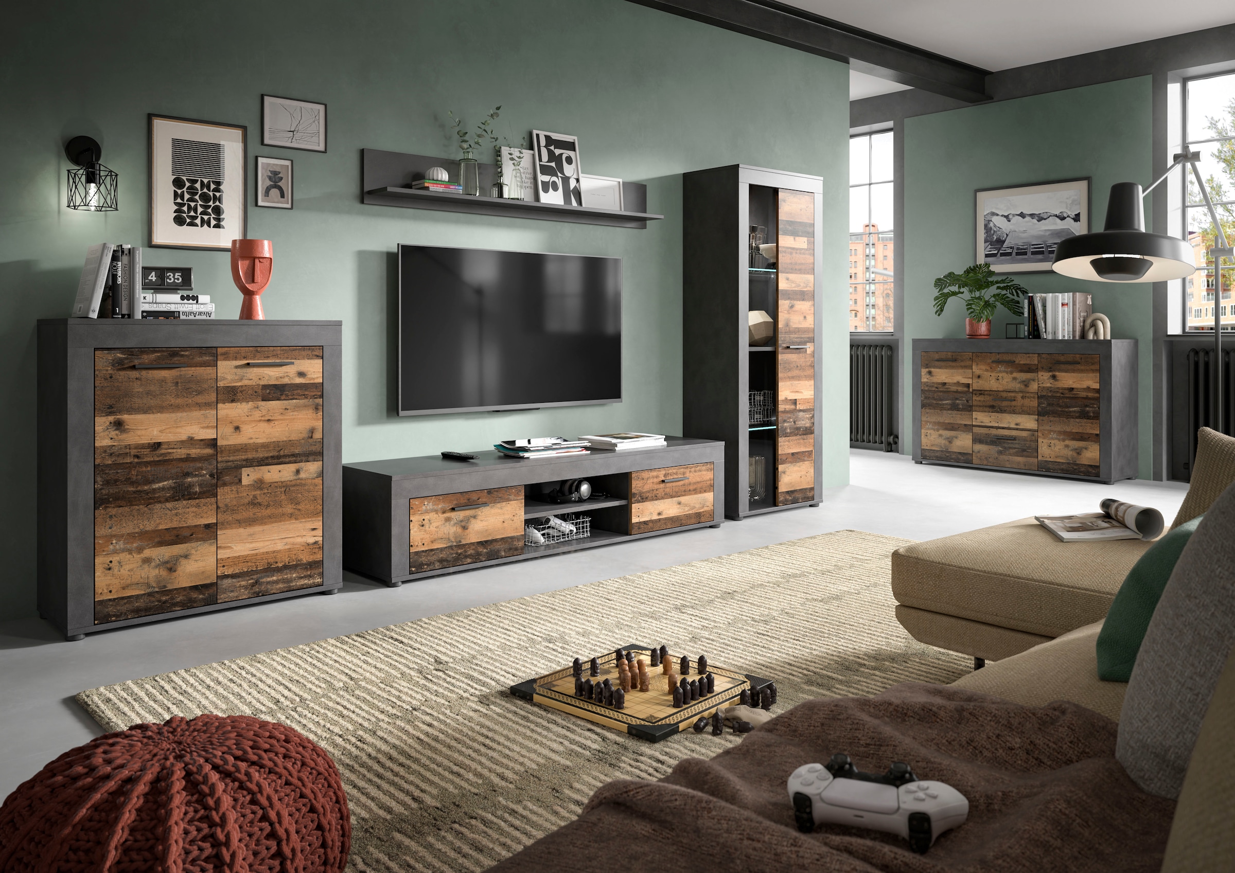 INOSIGN Wohnwand »Aosta, 4-tlg., best. aus: Highboard, Lowboard, Wandboard & Vitrine«, (4 St.), Wohnwand, Kombination, Anbauwand, Möbel Set, Schrankwand, Möbel Kombi