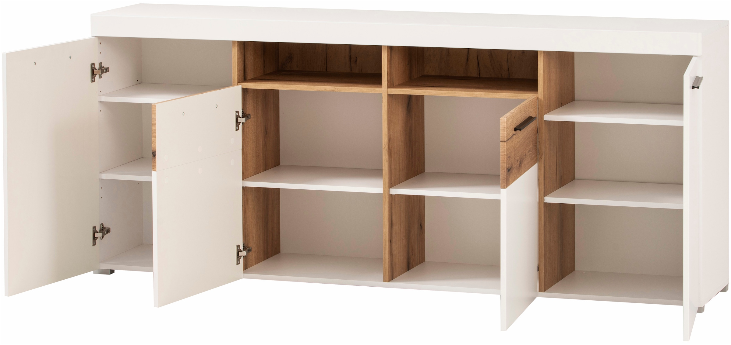 INOSIGN Sideboard »Salerno, moderner Schrank, Highboard in Weiß mit Eiche Evoke Dekor«, Metallgriffe, ausreichend Stauraum, vielseitig einsetzbar, 205cm breit