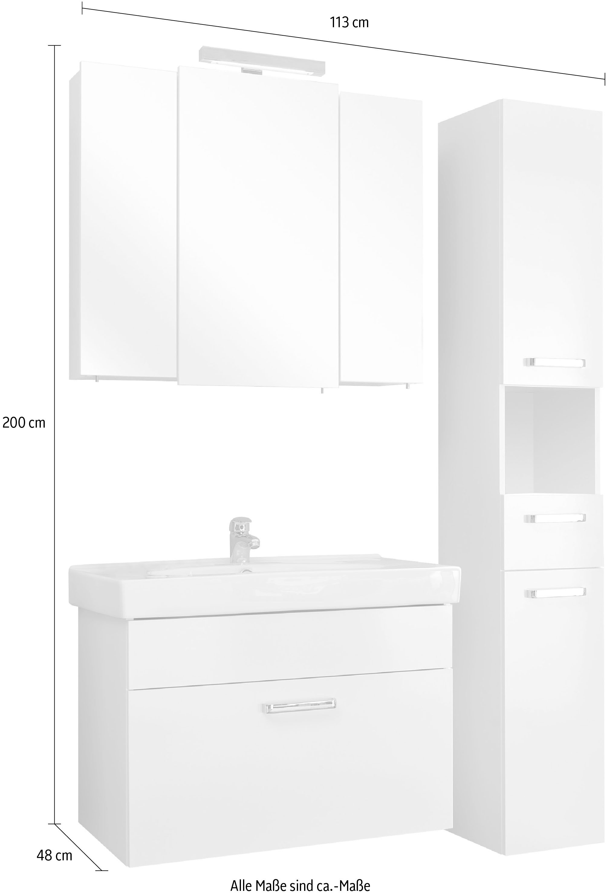 Saphir Badmöbel-Set »Quickset 3-teilig, Keramik-Waschtisch mit LED-Spiegelschrank, Bad-Set«, (4 St.), mit Hochschrank, 5 Türen, 2 Schubladen, Waschplatz inkl. Türdämpfer